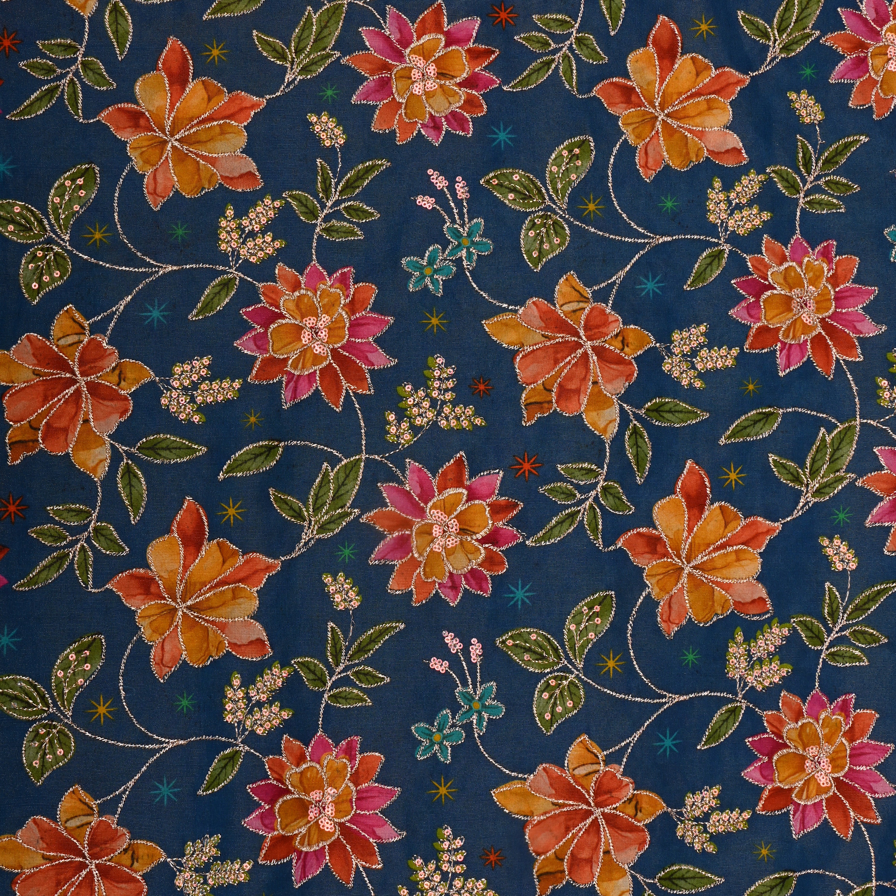 Lapis Blue Printed Floral Tissue Fabric With Embroidery
