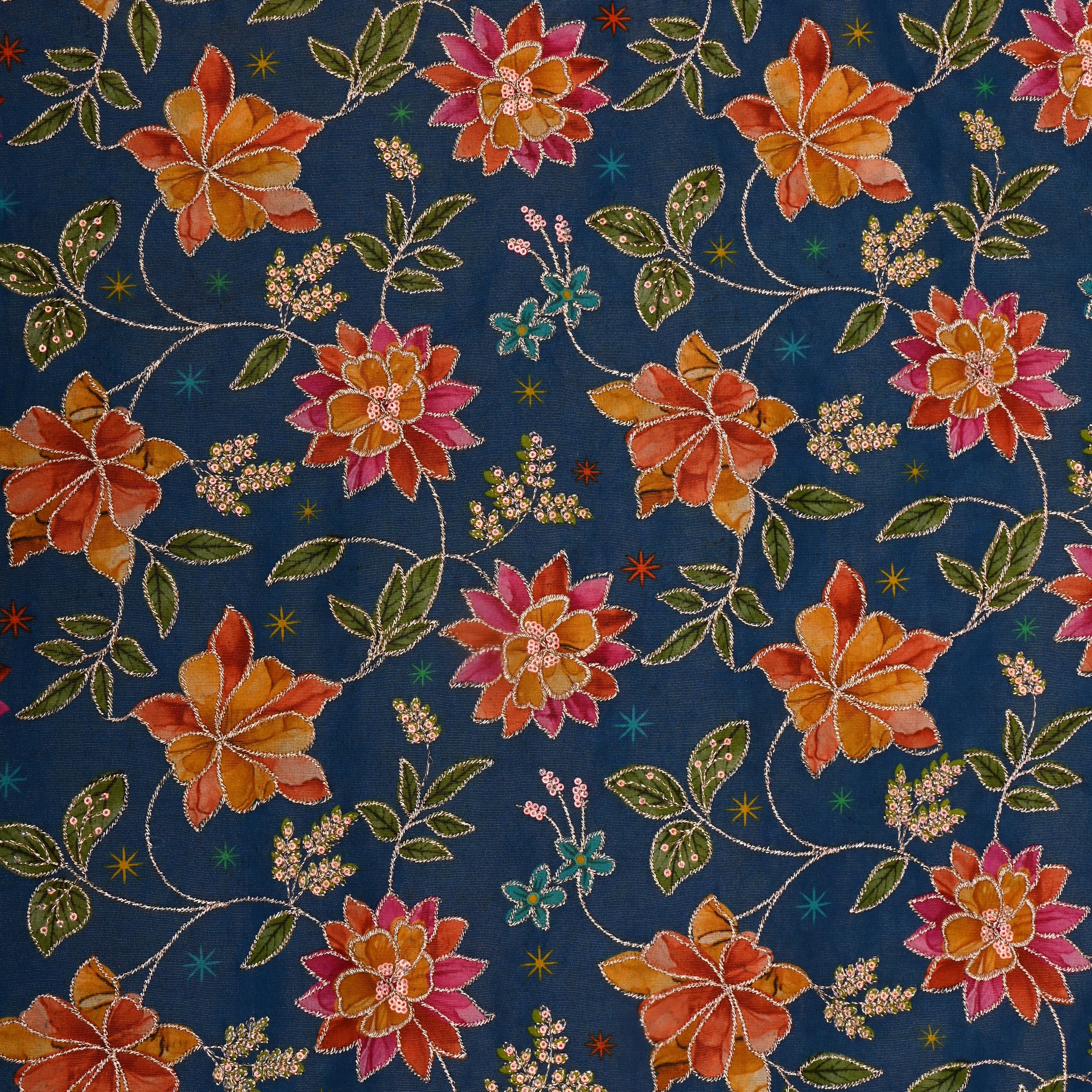 Lapis Blue Printed Floral Tissue Fabric With Embroidery
