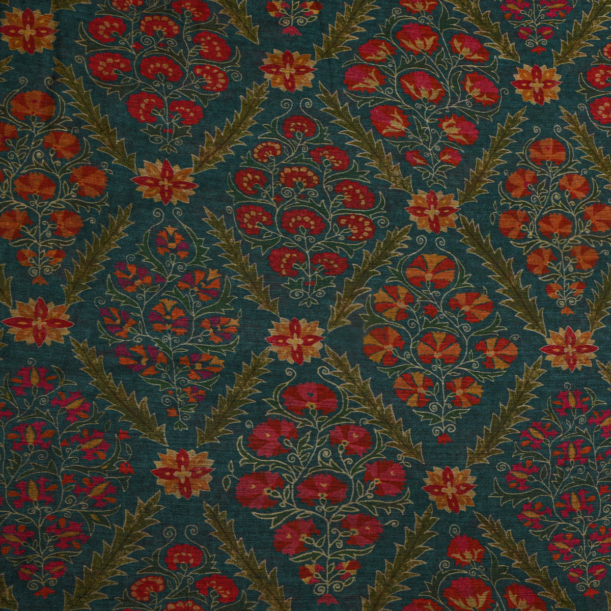 Deep Teal Floral Print Tussar Tusser Fabric