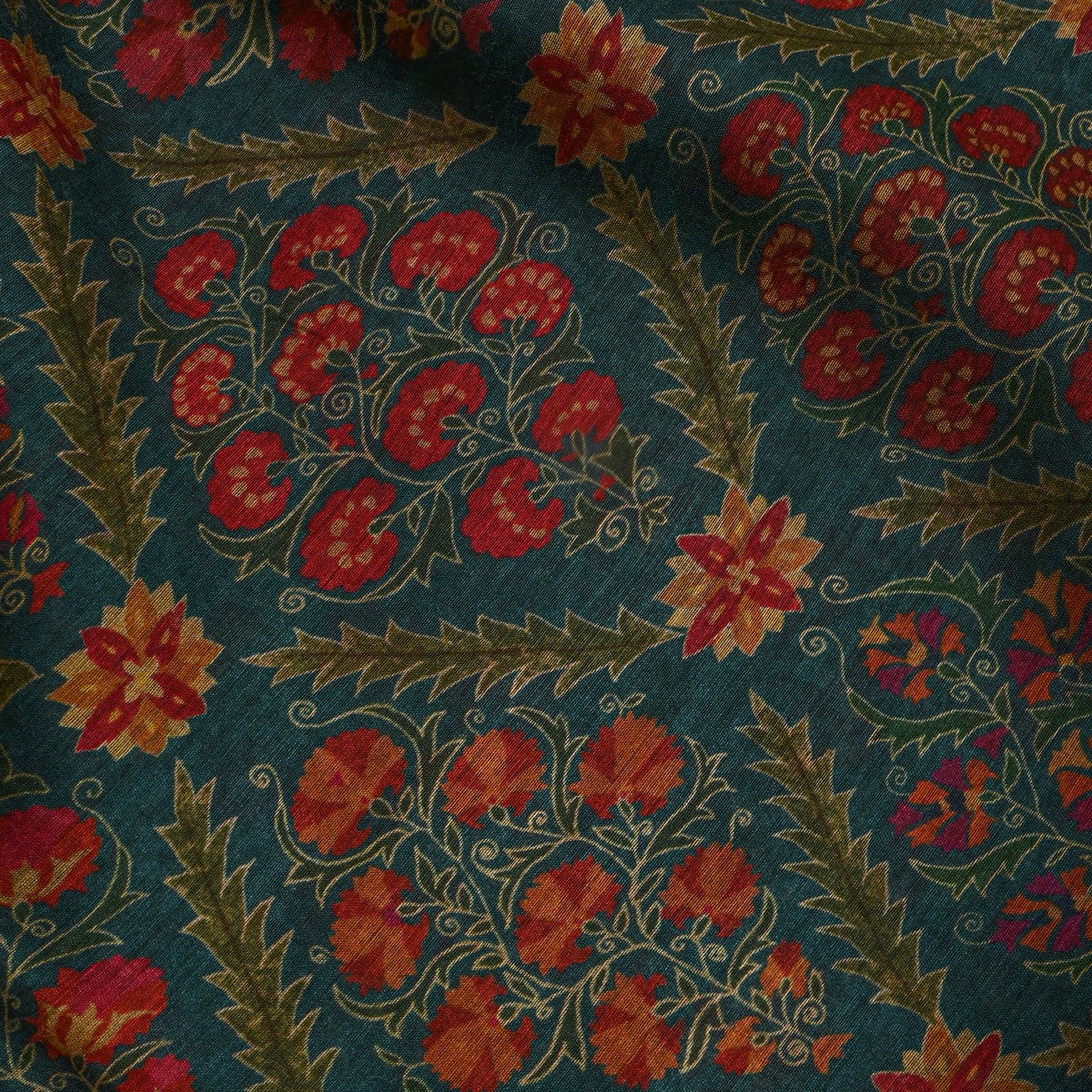 Deep Teal Floral Print Tussar Tusser Fabric