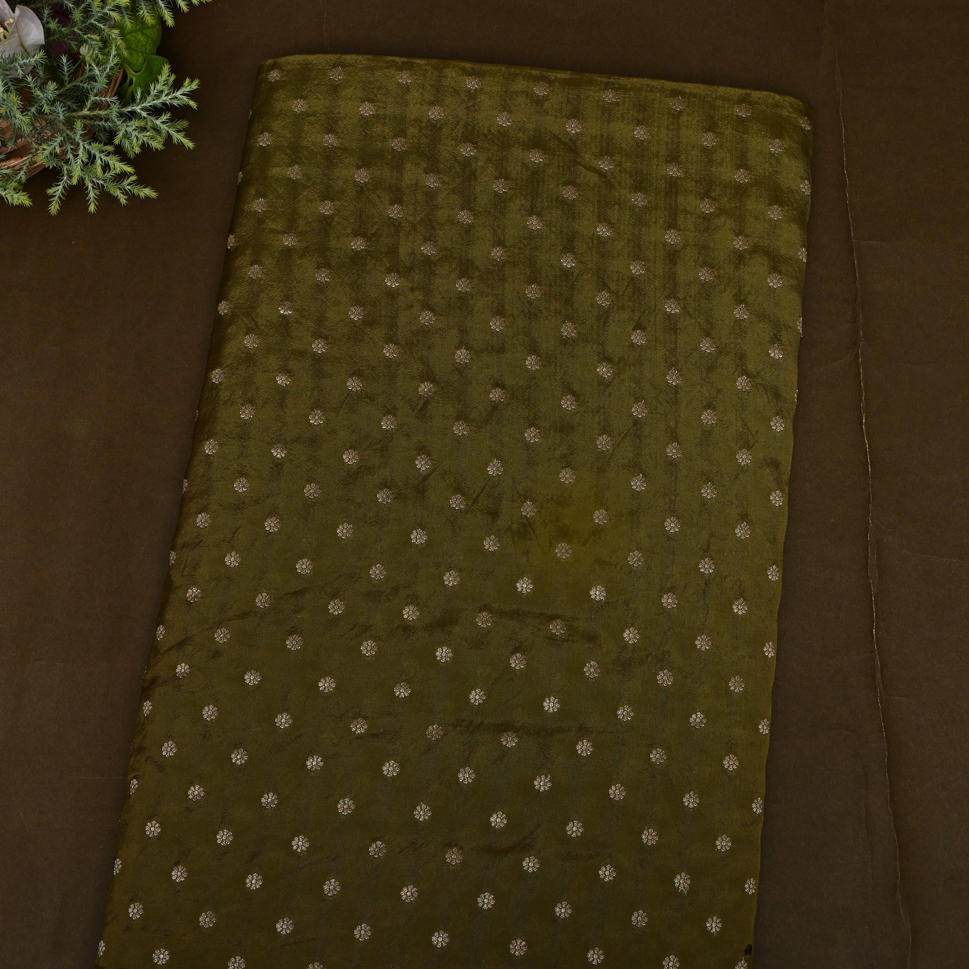 Bottle Green Bronze Jamawar Silk With Silver Rosette Butti