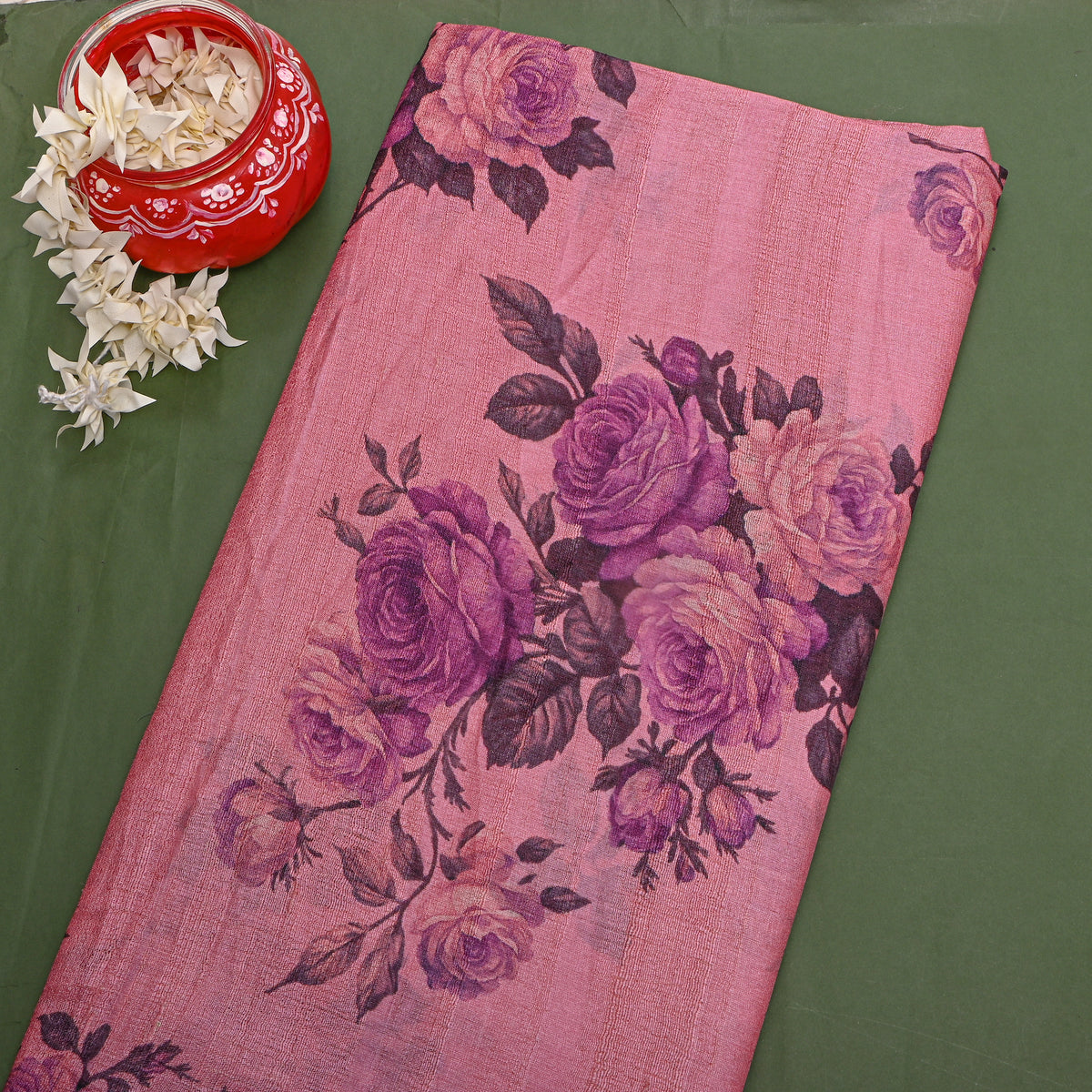 Orchid Rose Bunch Floral Digital Print Tussar Fabric