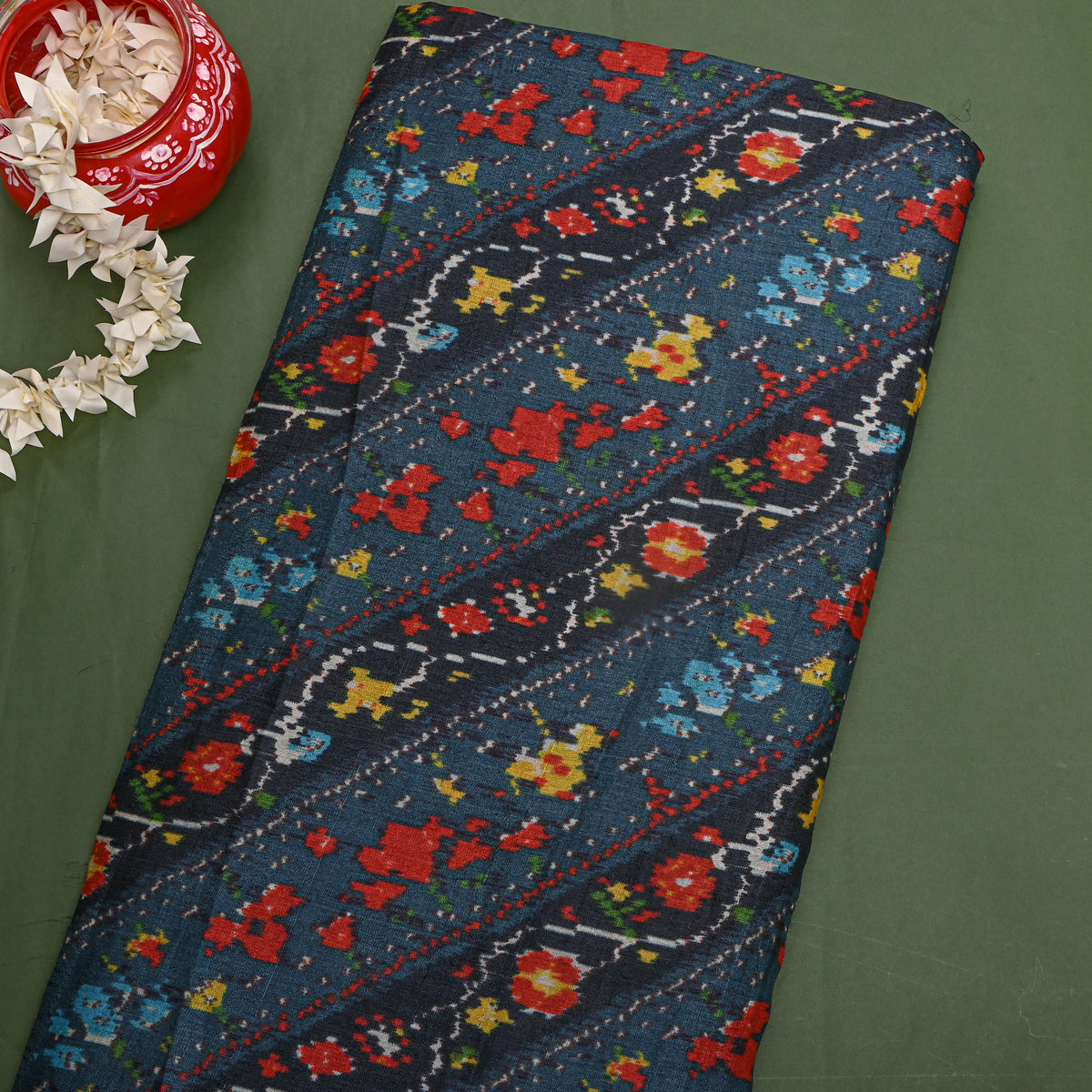 Ink Ikat Style Floral Digital Print Tussar Fabric