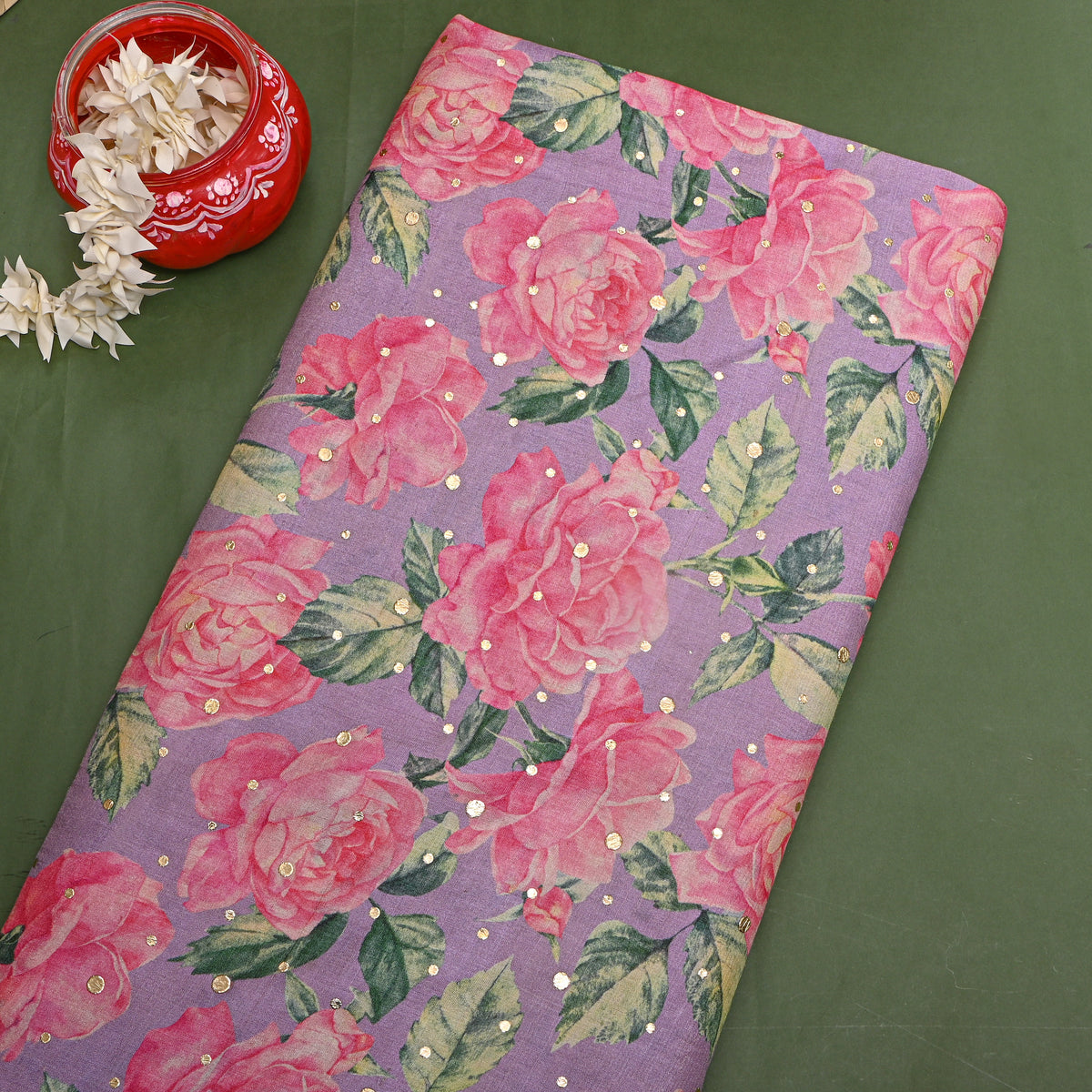 Wisteria Pink Rose Floral Digital Print Tussar Fabric