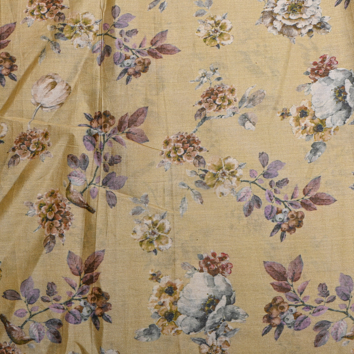 Straw Gold Garden Floral Digital Print Raw Silk Fabric