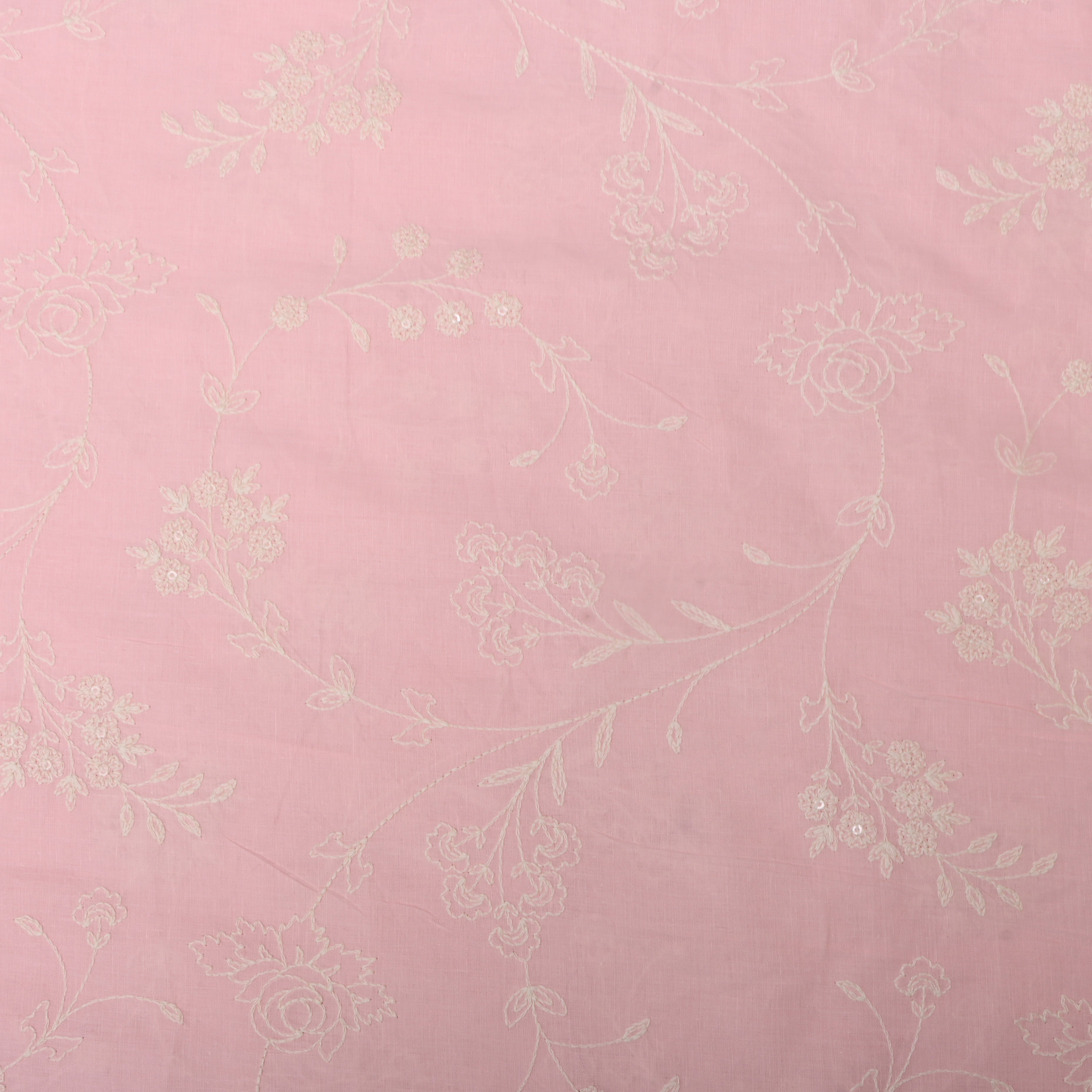 Soft Taffy Pink Floral Thread Embroidered Cotton Fabric