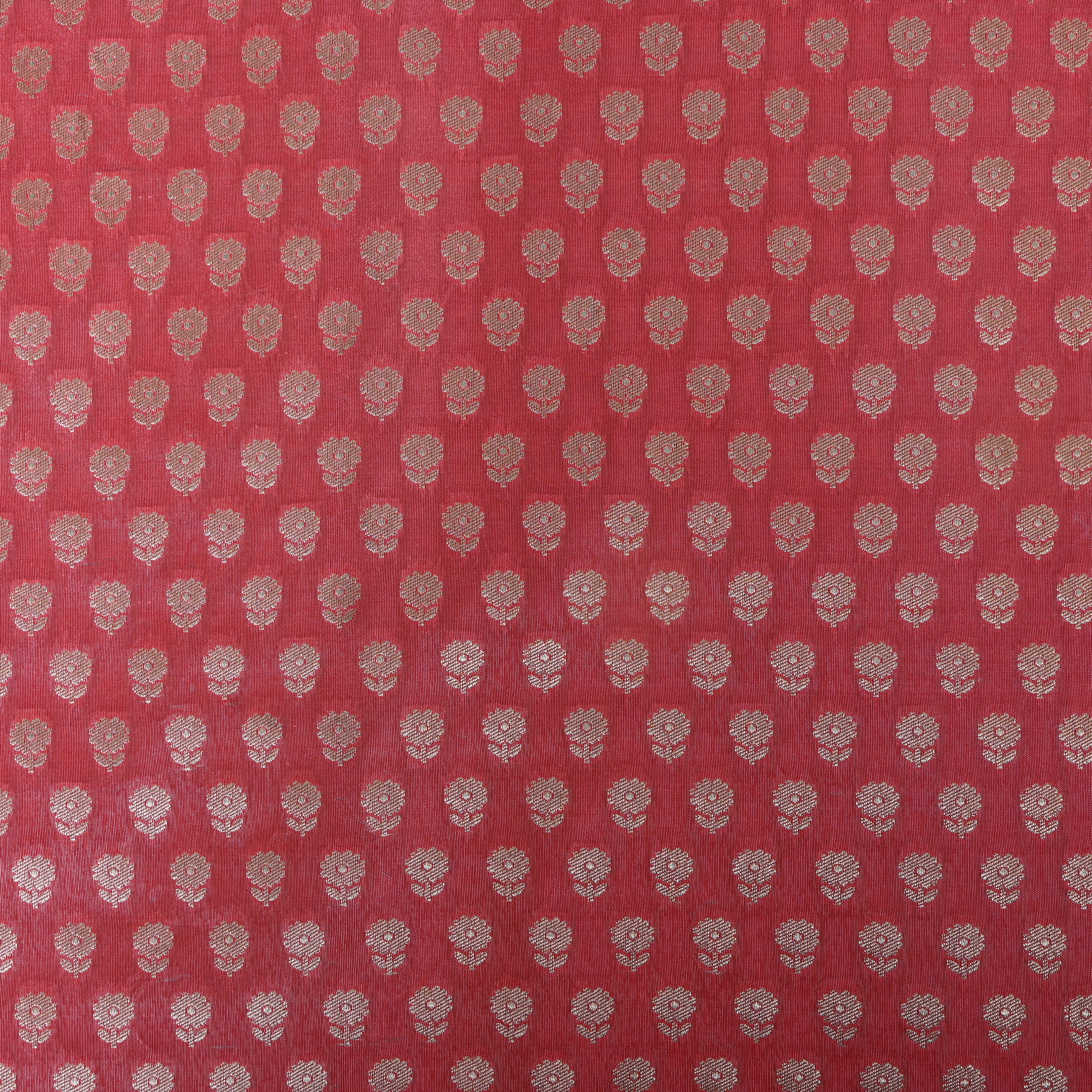 Coral Pink Zari Butti Jamawar Fabric