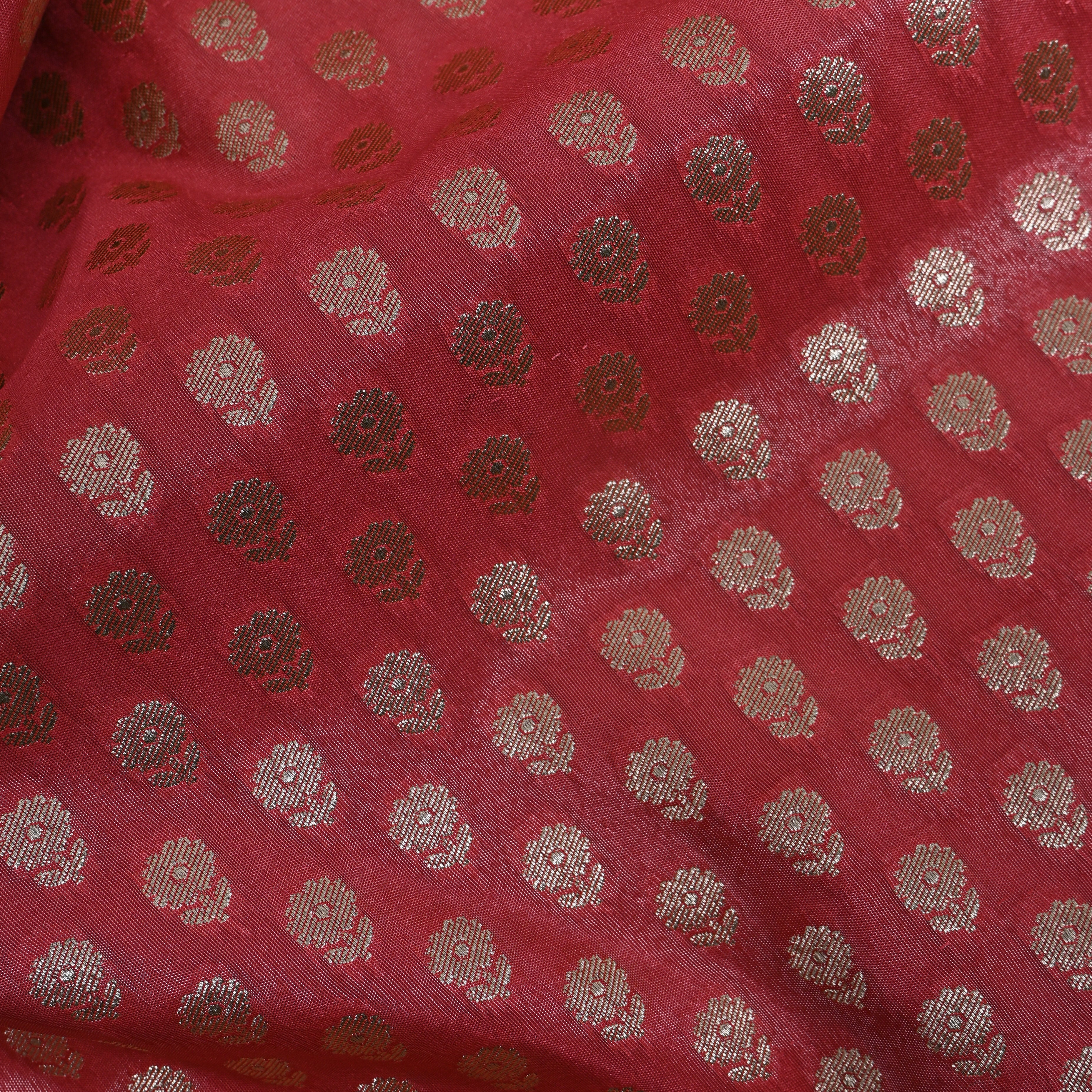Coral Pink Zari Butti Jamawar Fabric