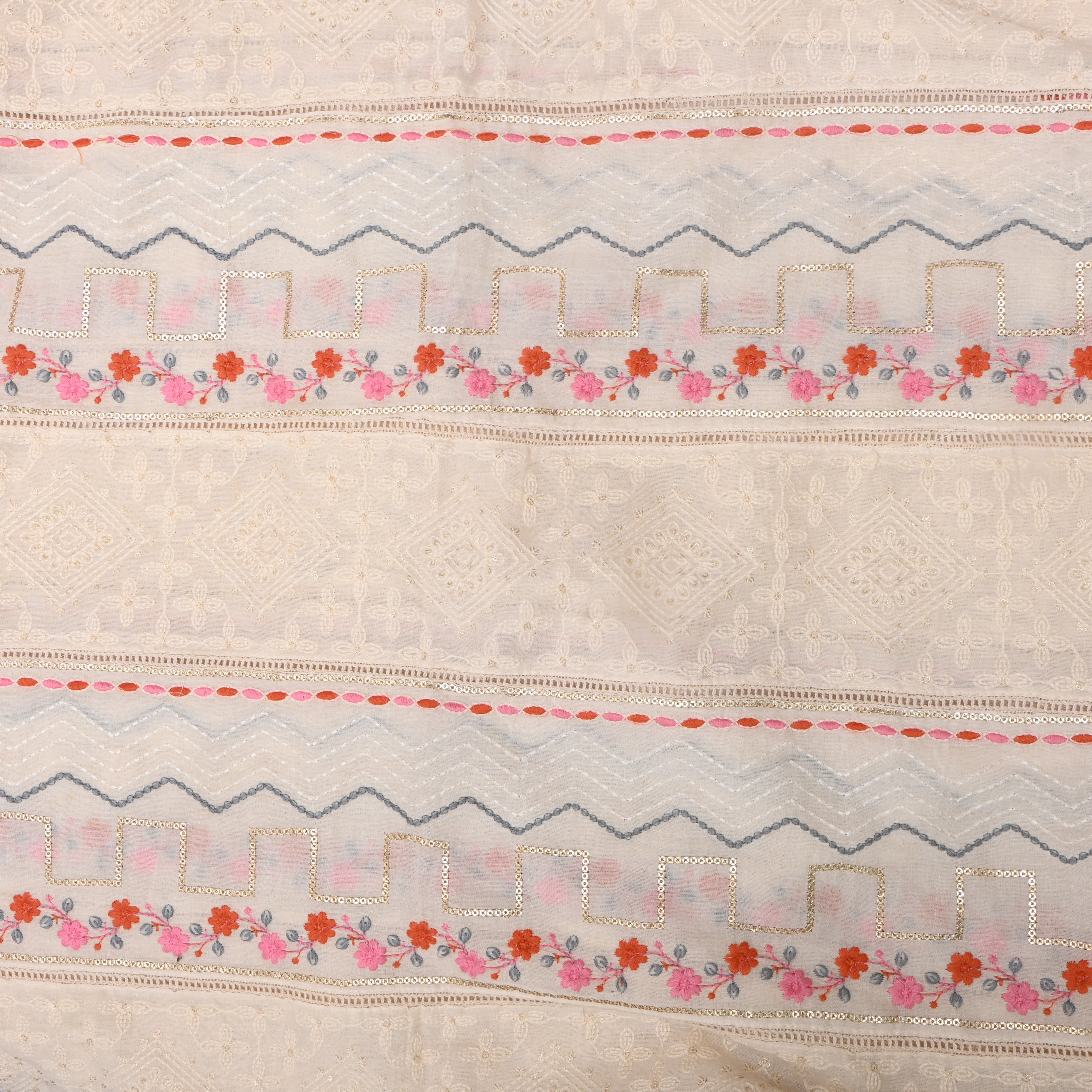 Off-White Pink Red Floral Embroidered Cotton Fabric