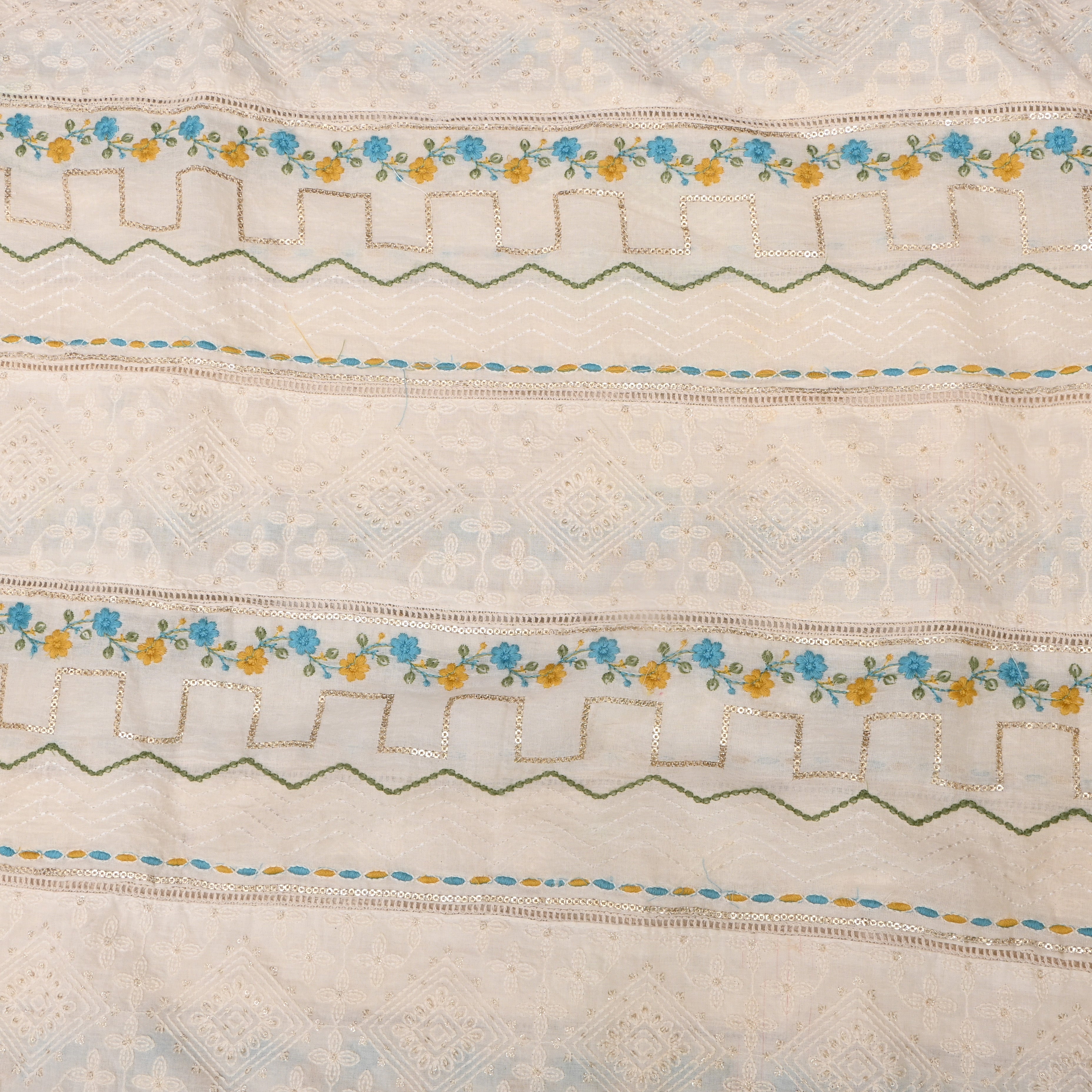 Off-White Yellow Blue Floral Embroidered Cotton Fabric