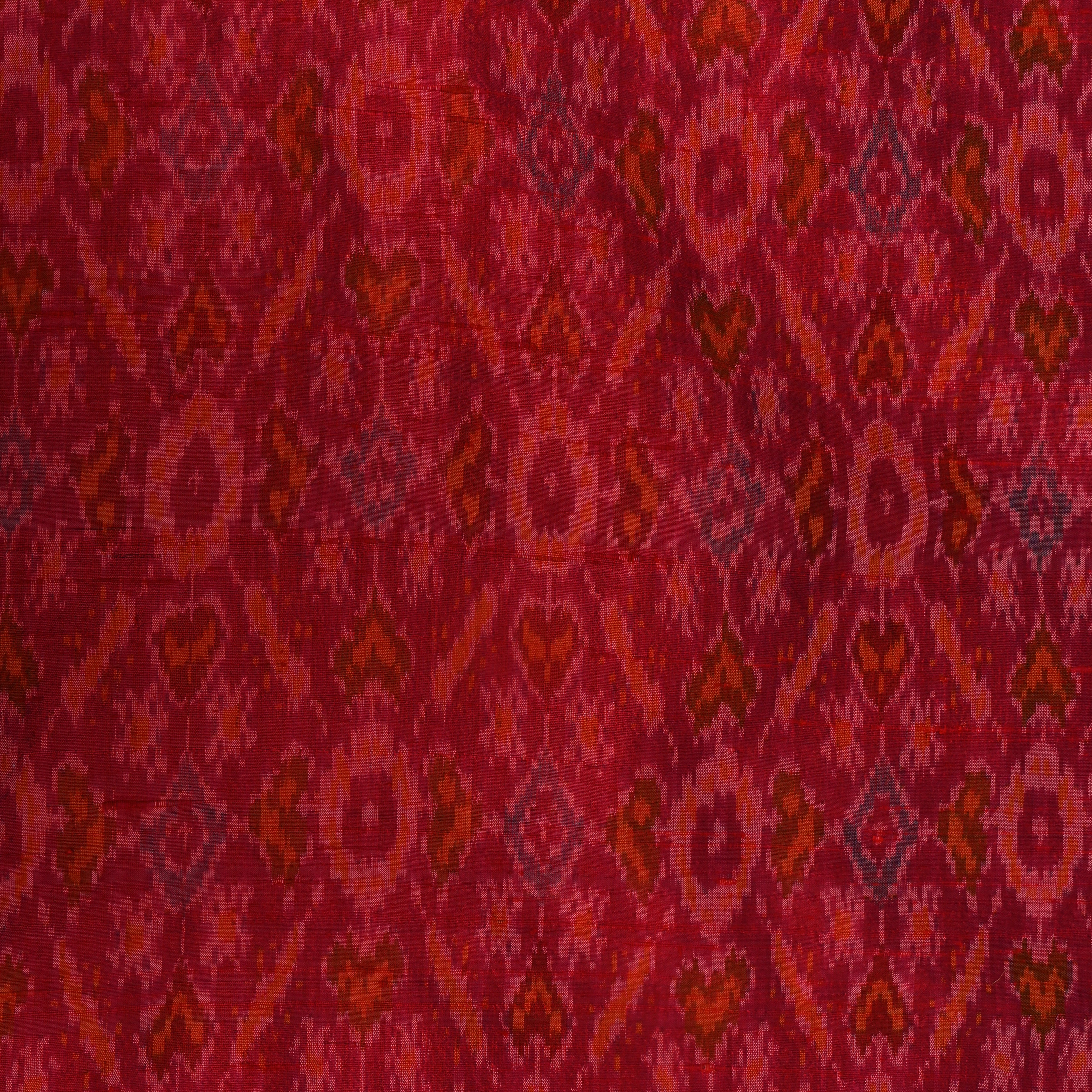 Deep Red Dupion Silk With Traditional Ikat Weave And Orange Accents