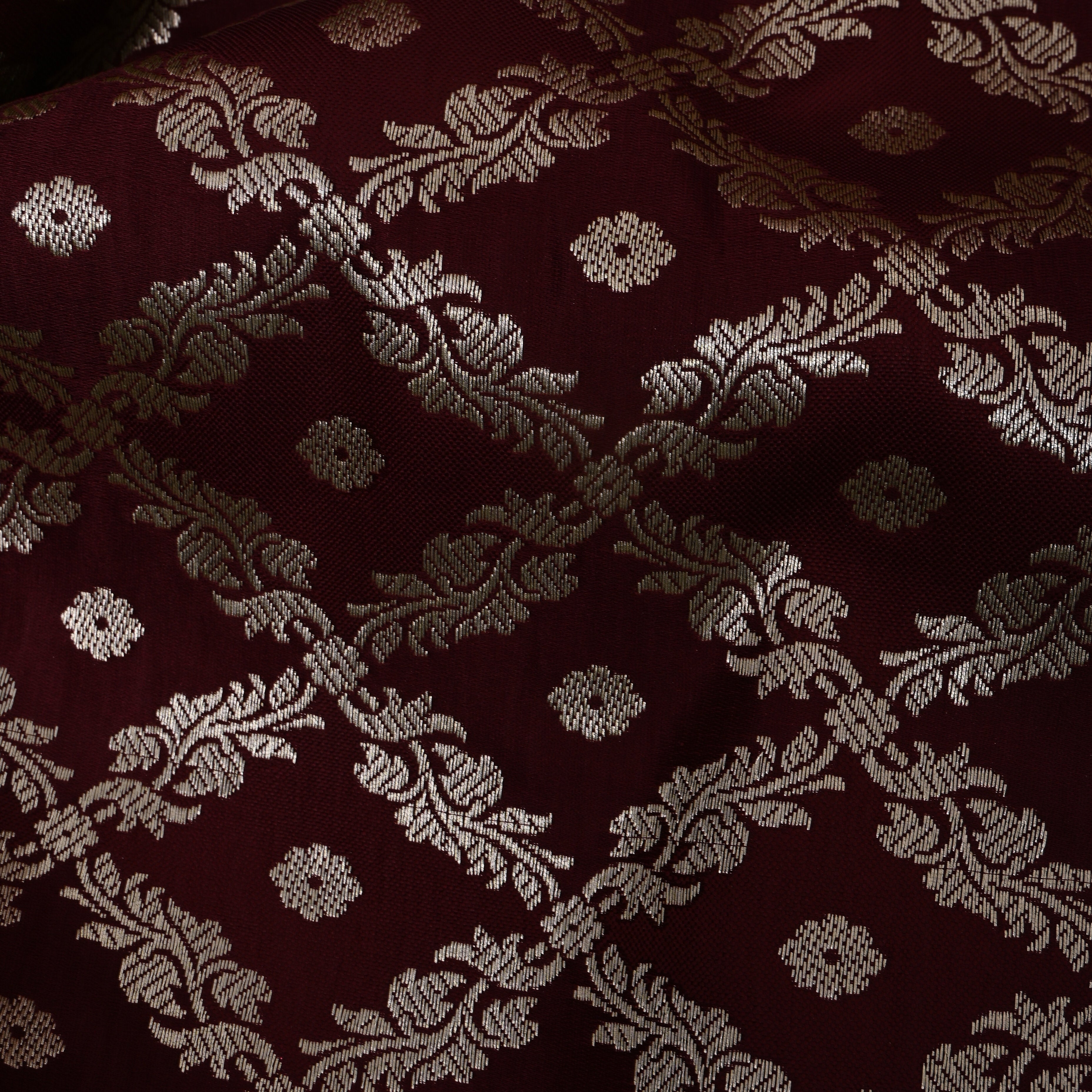 Deep Maroon Floral Checks Jaal Jamawar Silk