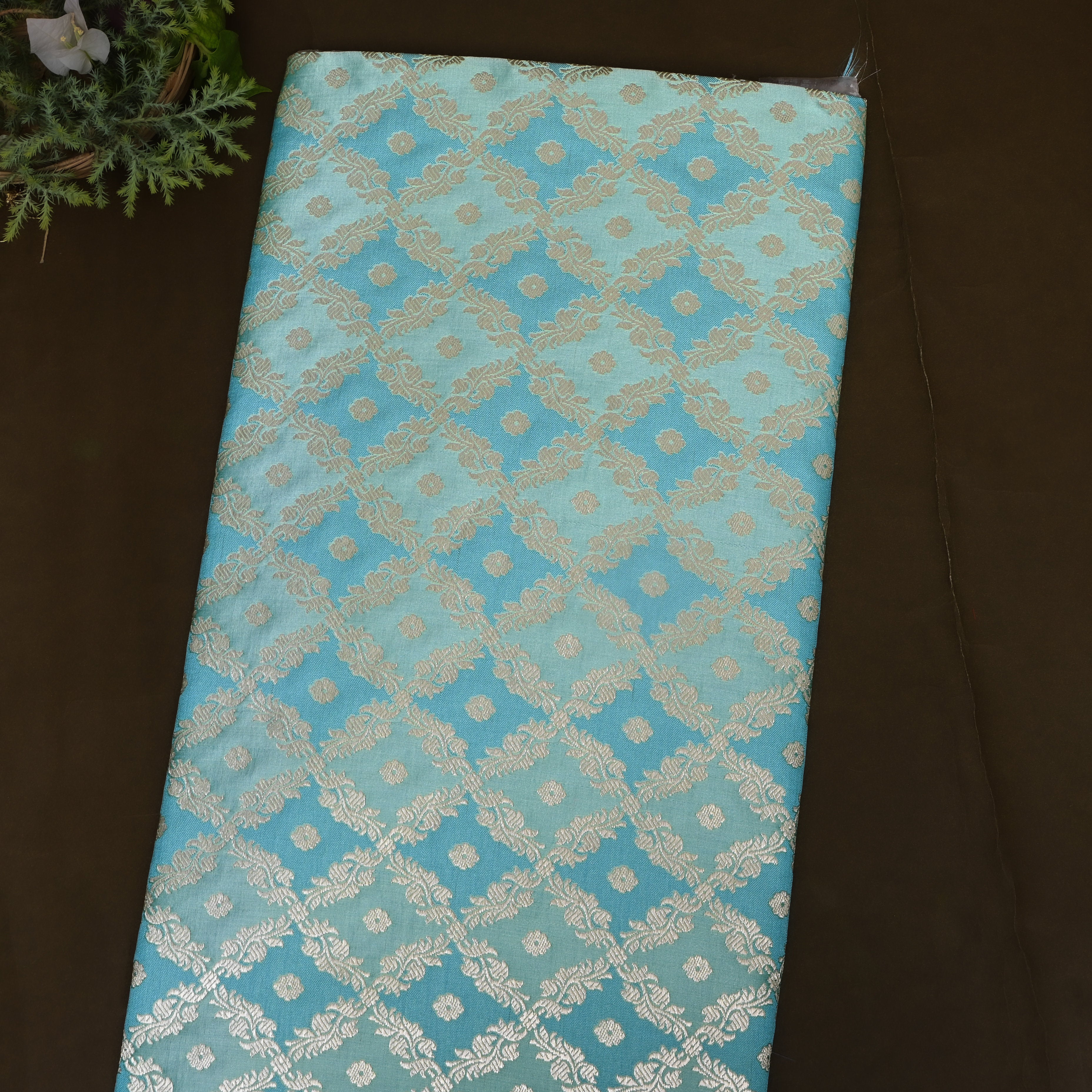 Teal Blue Golden Floral Jamawar Silk Fabric