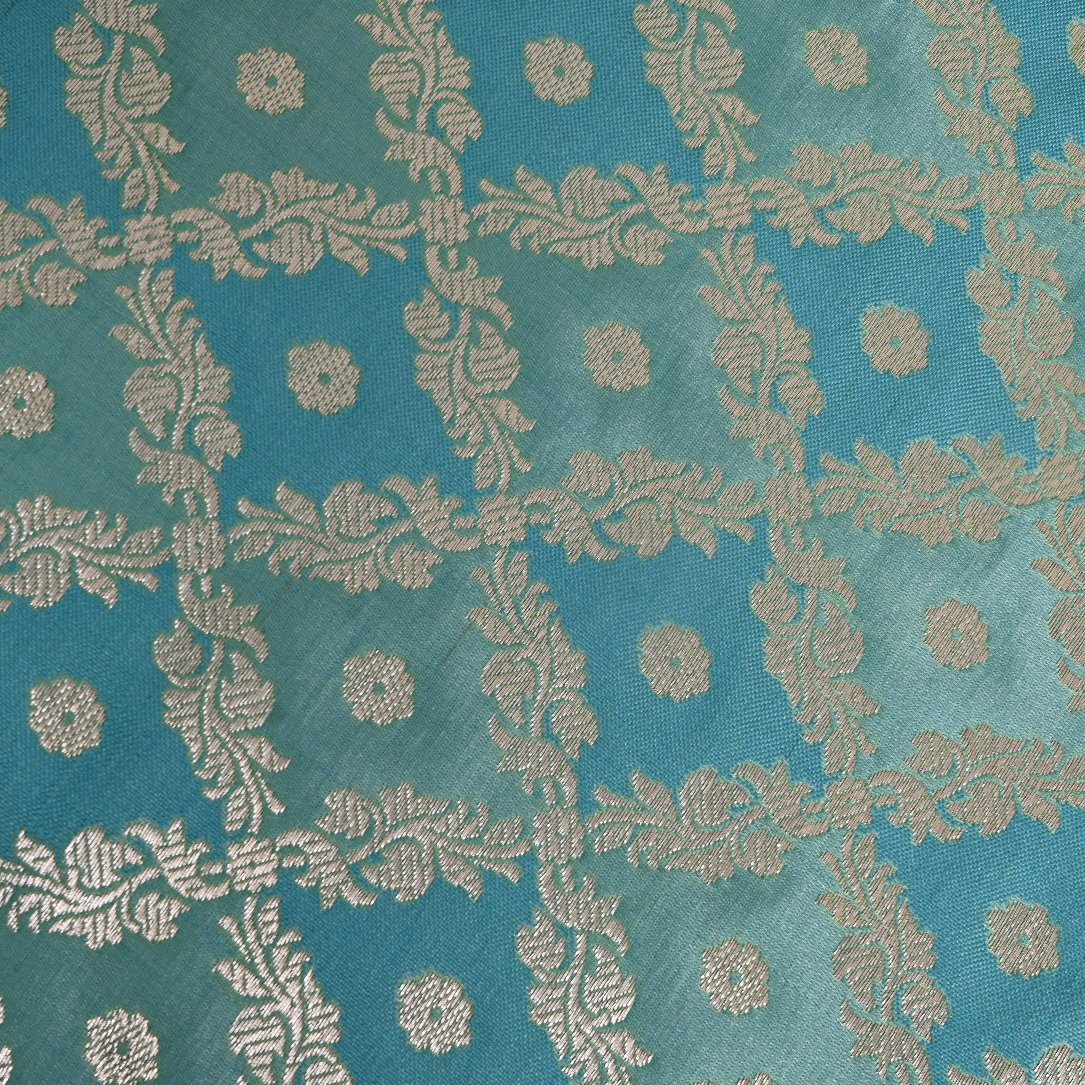 Teal Blue Golden Floral Jamawar Silk Fabric