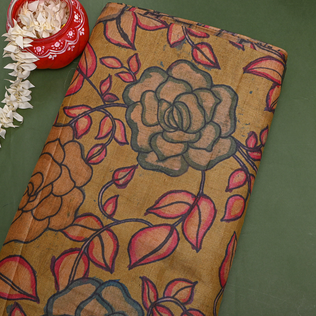 Mustard Rose Floral Digital Print Raw Silk Fabric