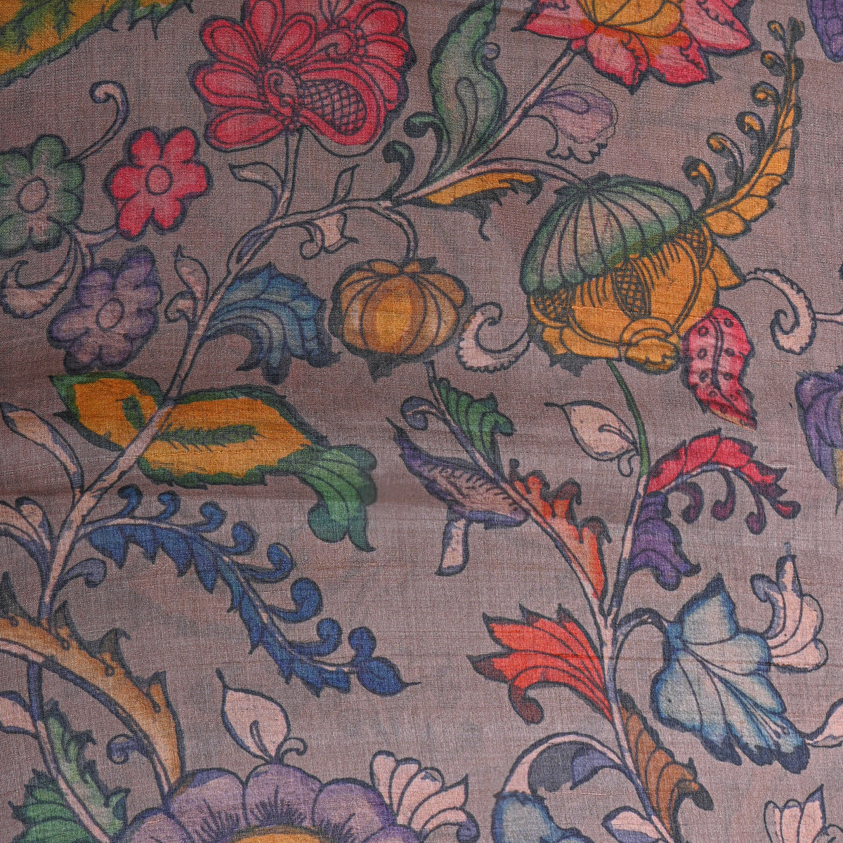 Taupe Floral Vine Digital Print Tussar Fabric