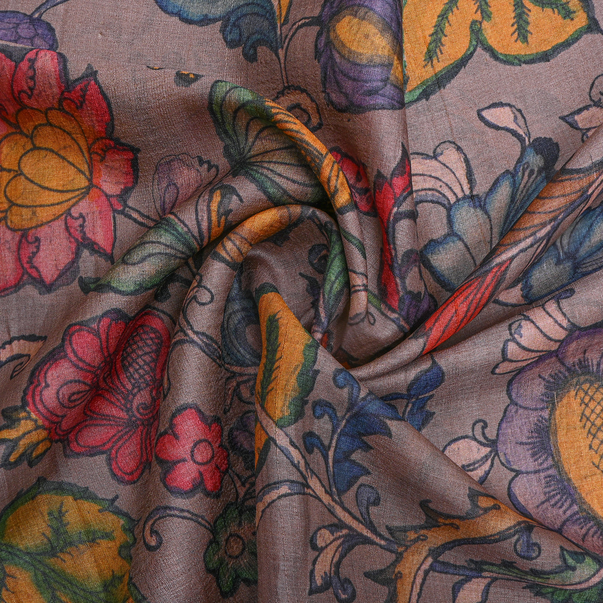 Taupe Floral Vine Digital Print Tussar Fabric