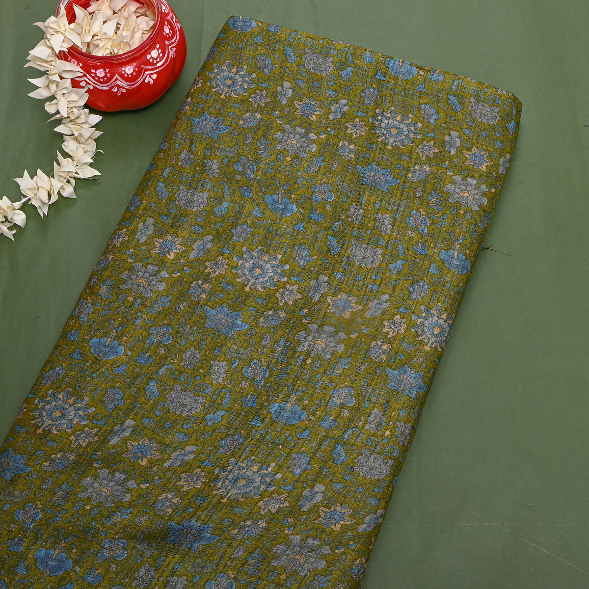Moss Green Floral Print Tussar Silk Fabric