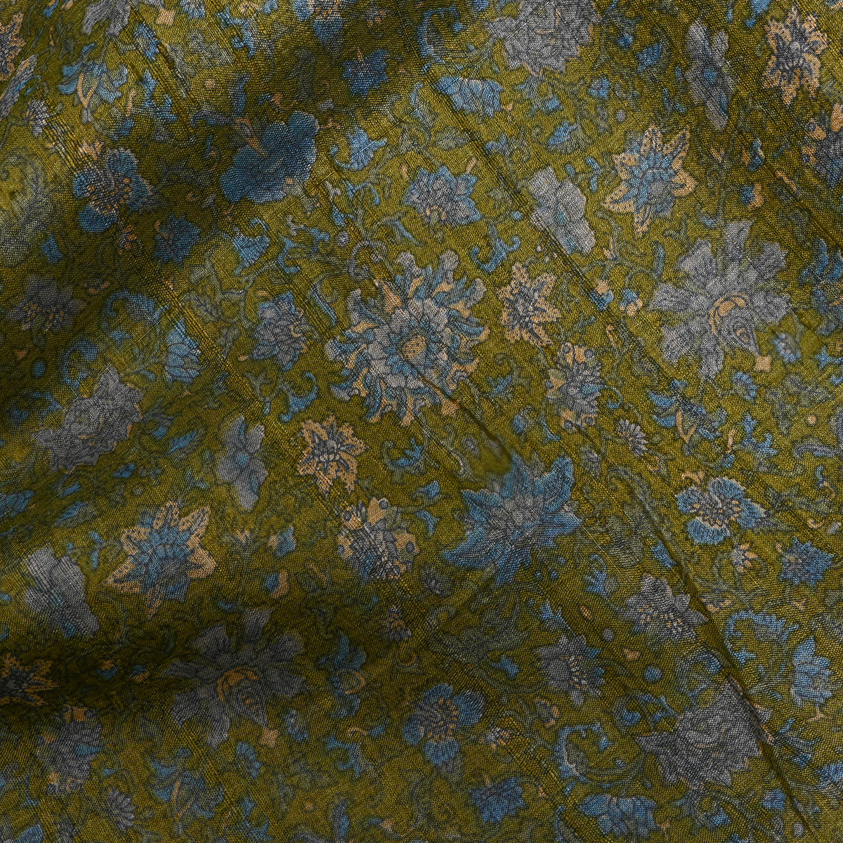 Moss Green Floral Print Tussar Silk Fabric