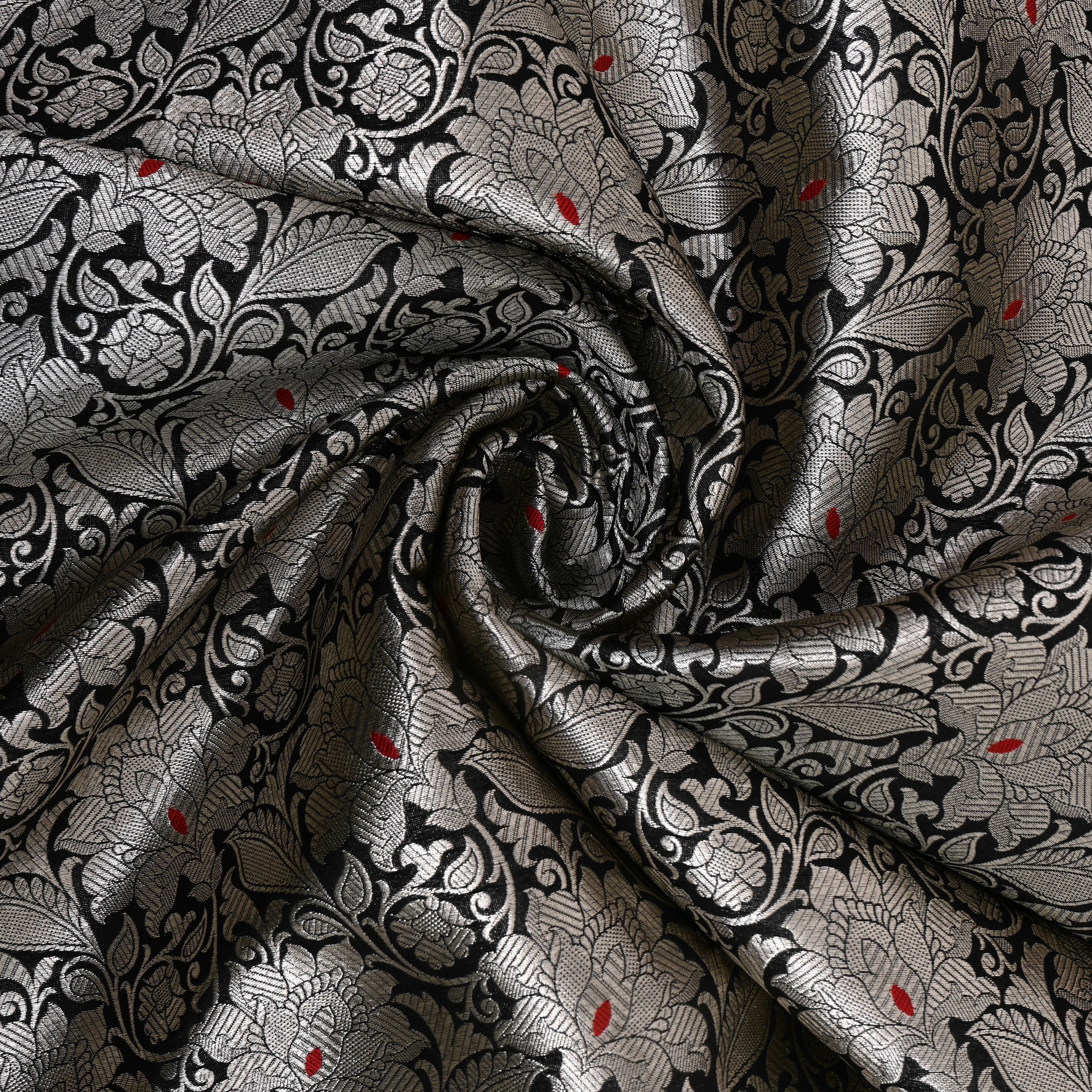 Onyx Black Silver Damask Parsi Jamawar Fabric