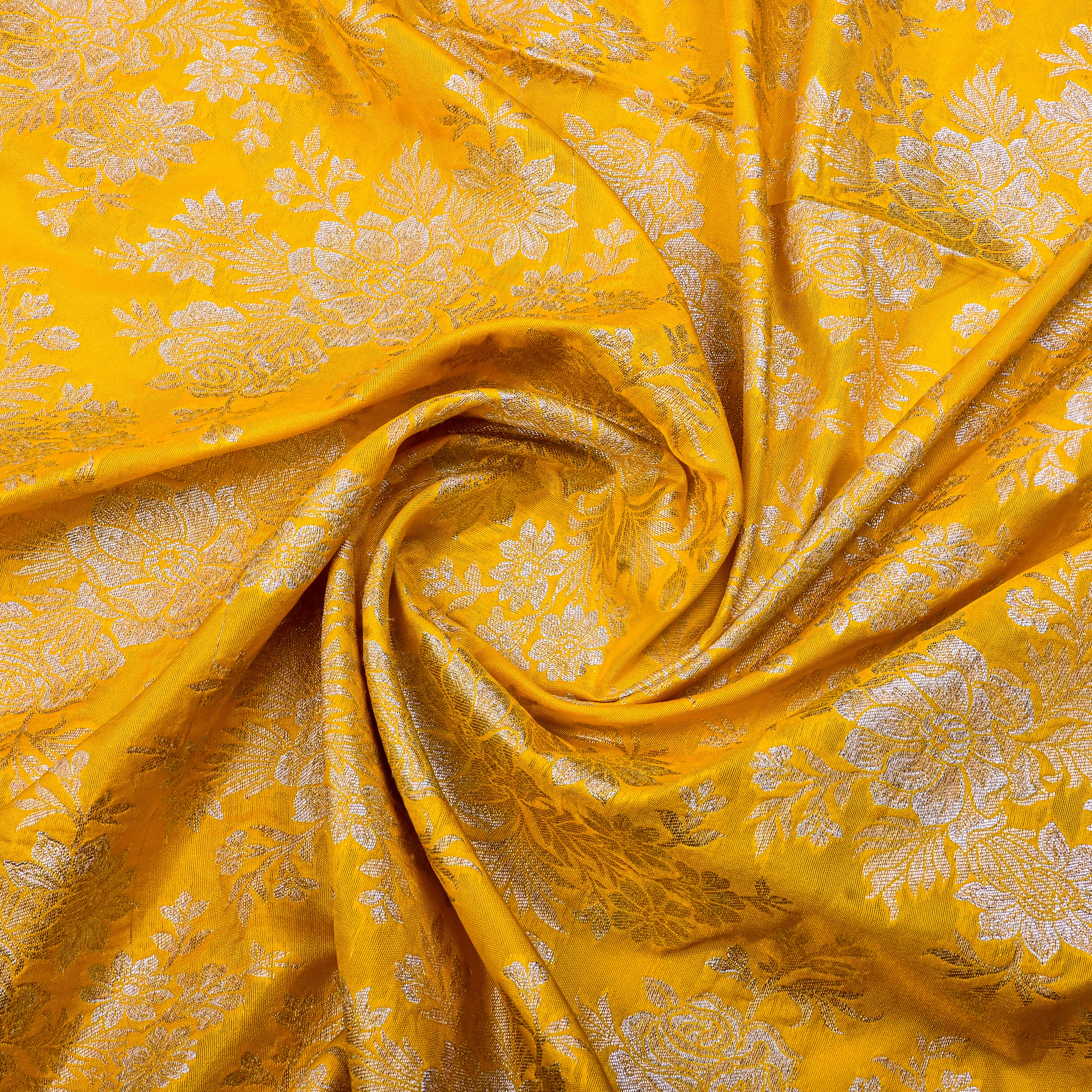 Gold Yellow Banarasi Fabric With Antique Gold Floral Pattern