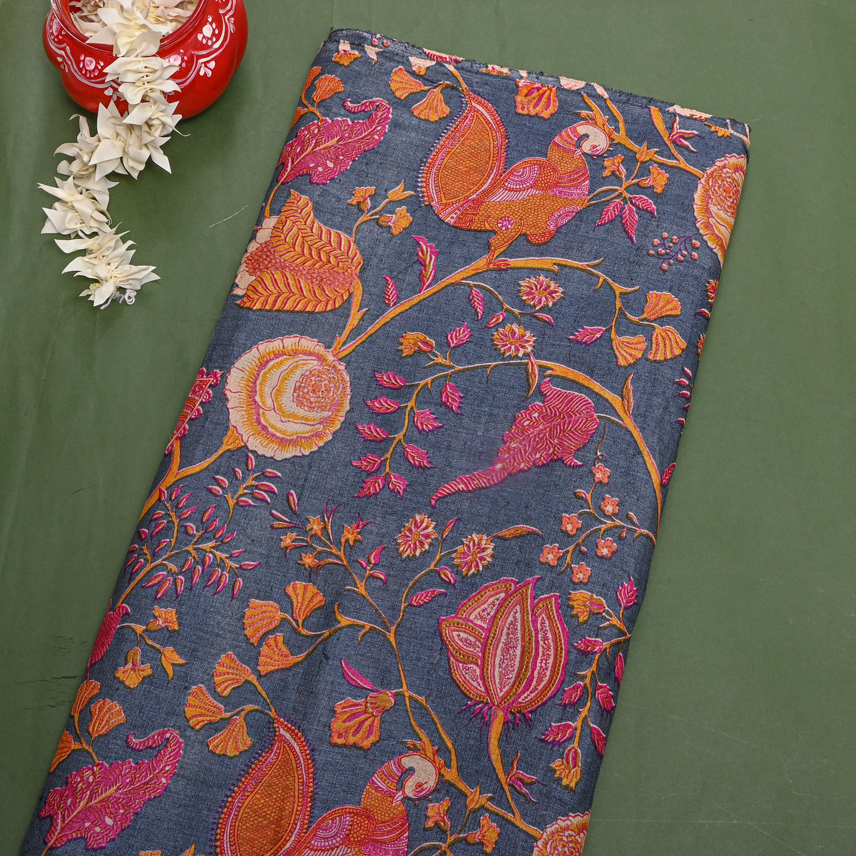Slate Blue Bird Jaal Print Tussar Silk Fabric