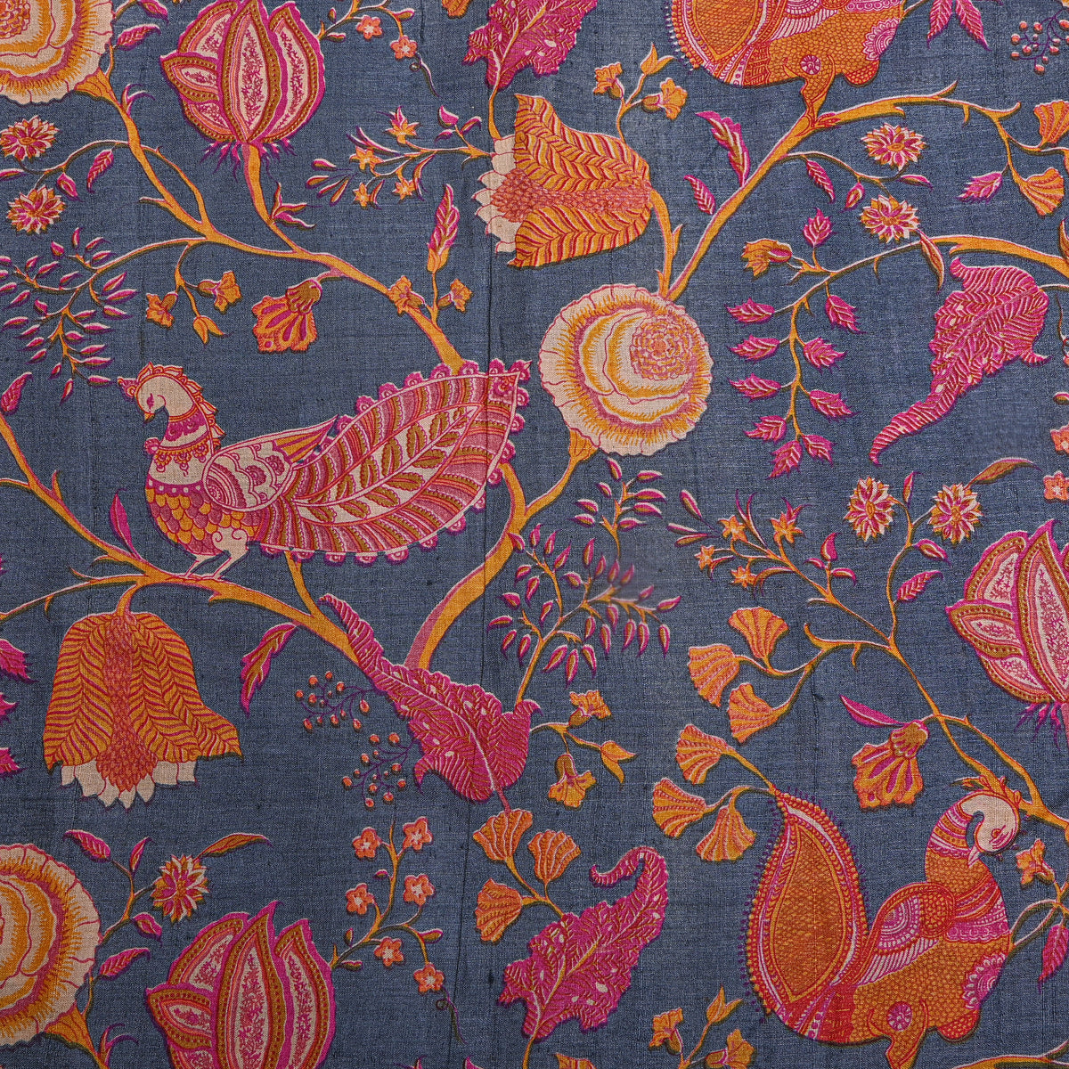 Slate Blue Bird Jaal Print Tussar Silk Fabric
