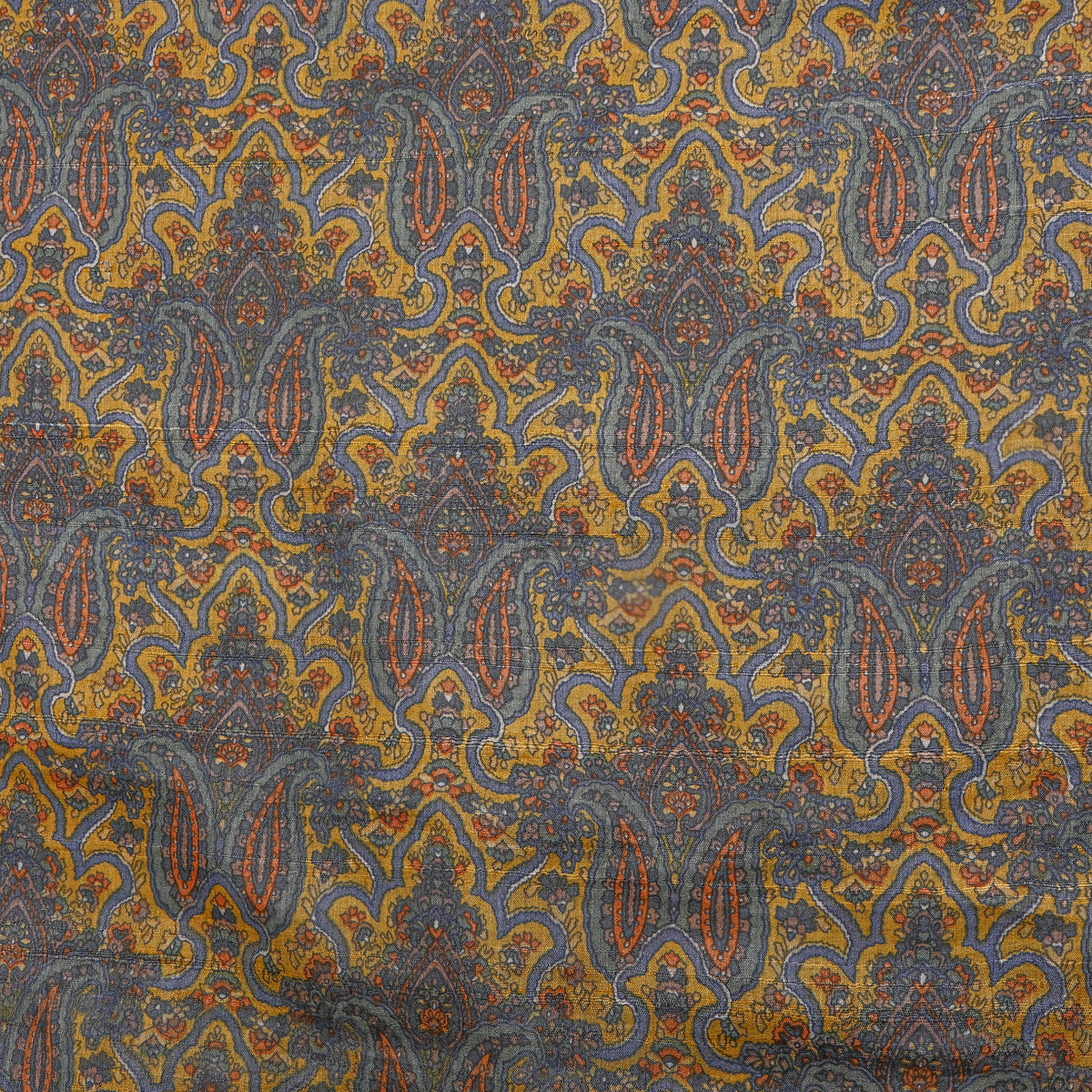 Ochre Blue Paisley Print Tussar Silk Fabric