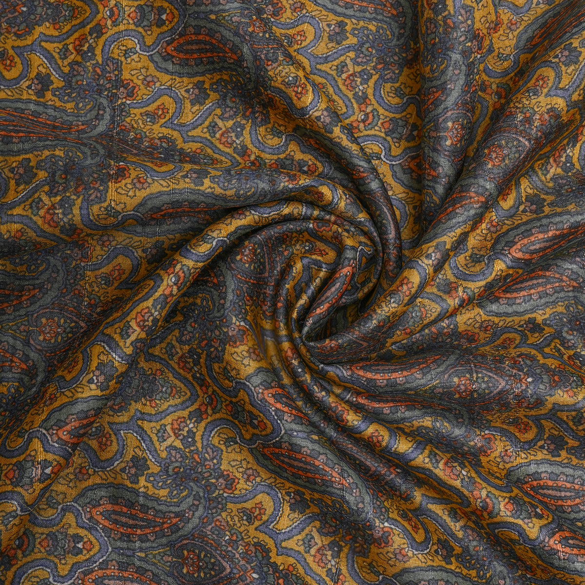 Ochre Blue Paisley Print Tussar Silk Fabric