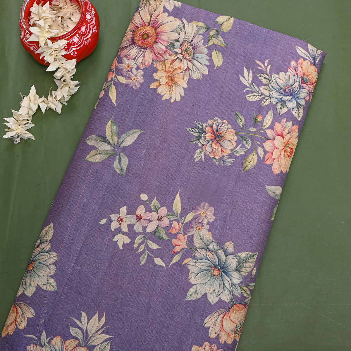 Periwinkle Pastel Floral Digital Print Tussar Fabric
