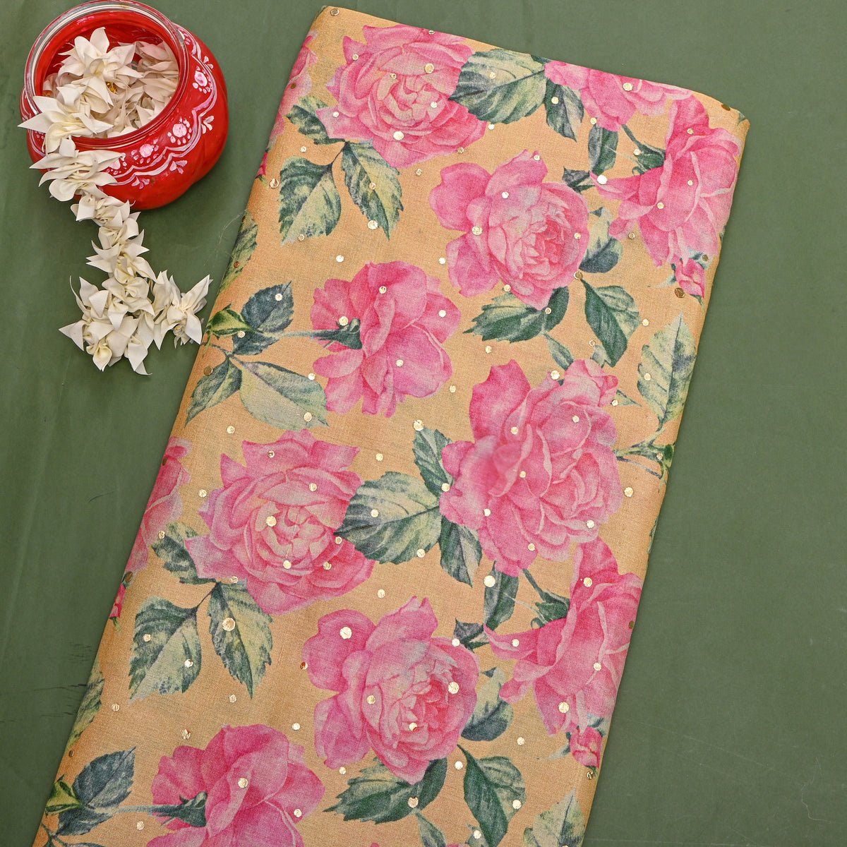 Butter Yellow And Pink Rose Floral Digital Print Tussar Fabric