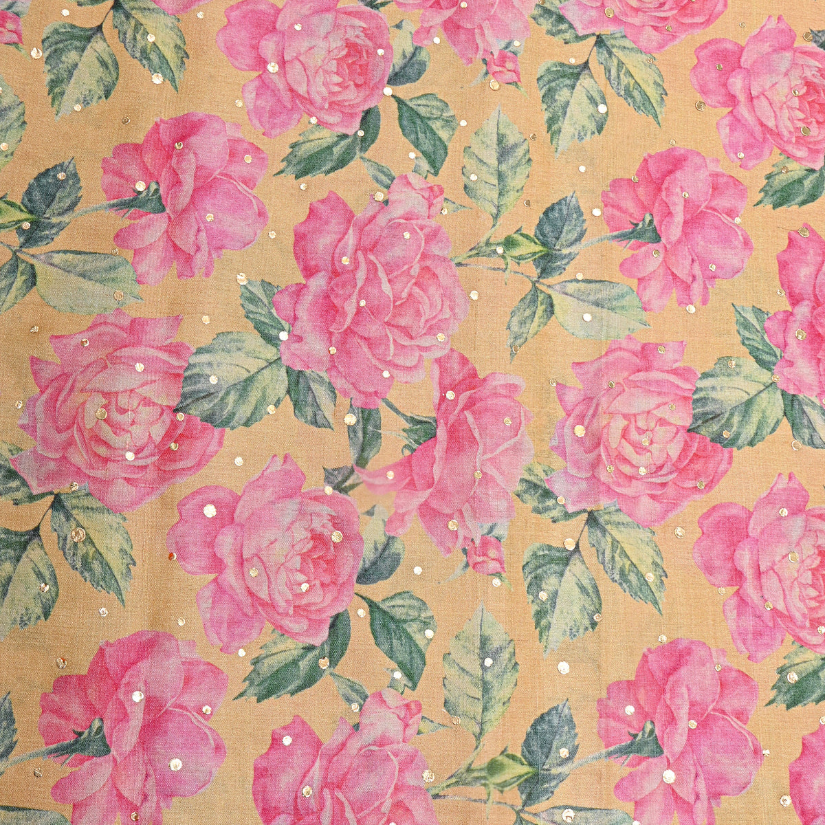 Butter Yellow And Pink Rose Floral Digital Print Tussar Fabric