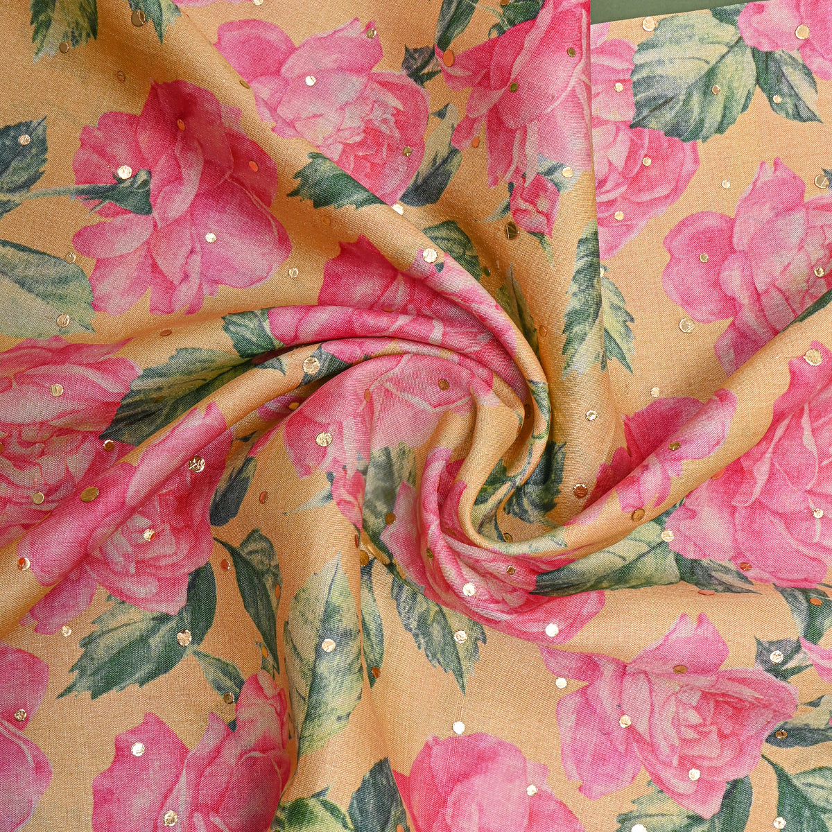 Butter Yellow And Pink Rose Floral Digital Print Tussar Fabric