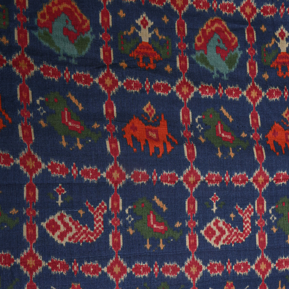 Indigo Blue Ikat Style Bird And Fish Motif Digital Print Cotton Fabric