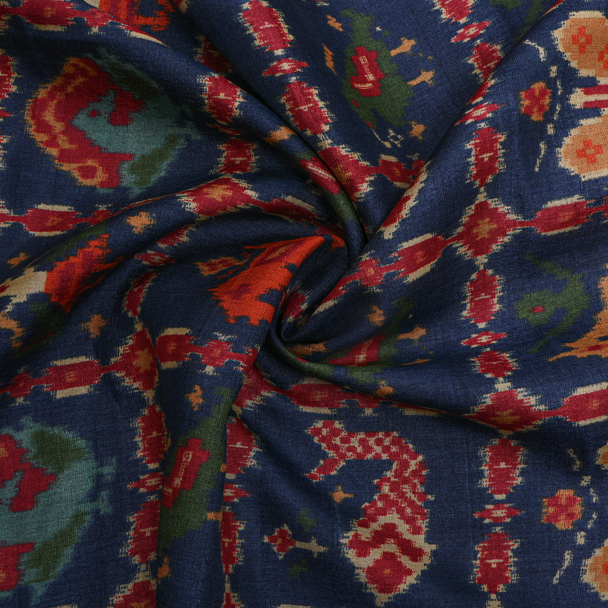 Indigo Blue Ikat Style Bird And Fish Motif Digital Print Cotton Fabric