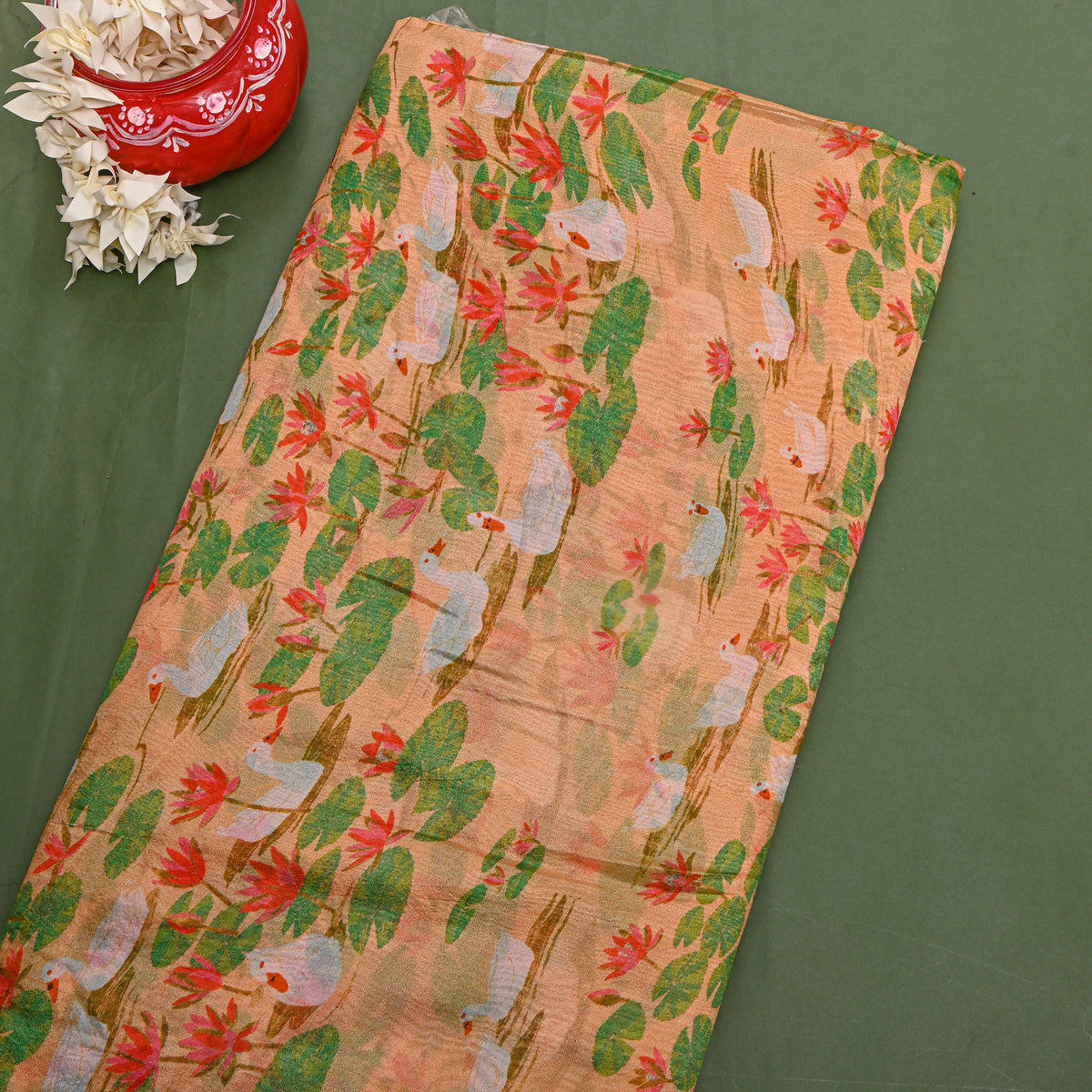 Light Besige Duck Pond Lotus Print Silk Fabric