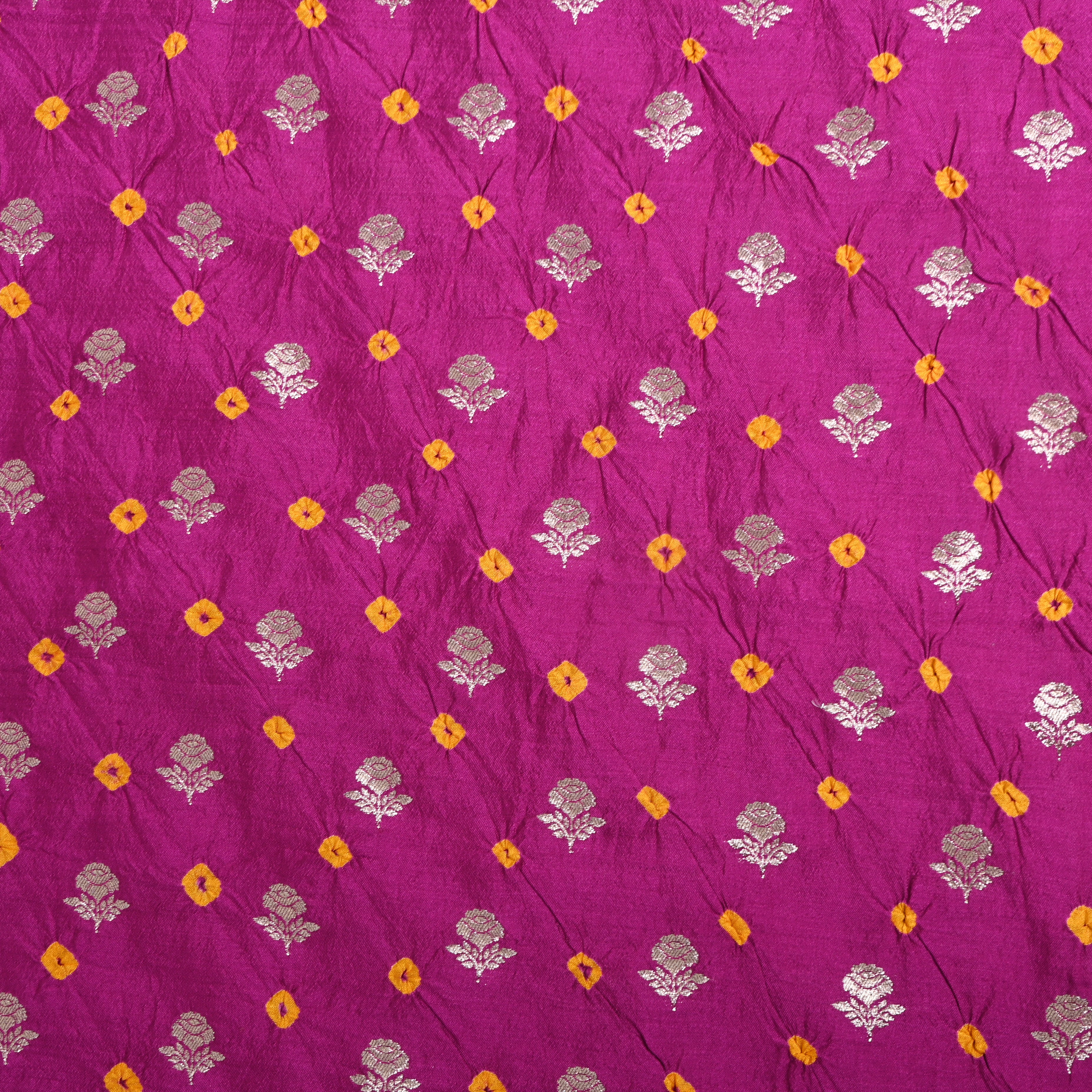 Magenta Purple Silver Zari Rose Butti Bandhani Silk Fabric