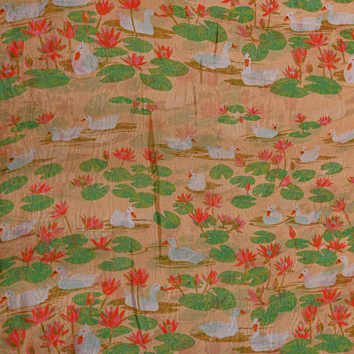 Light Besige Duck Pond Lotus Print Silk Fabric