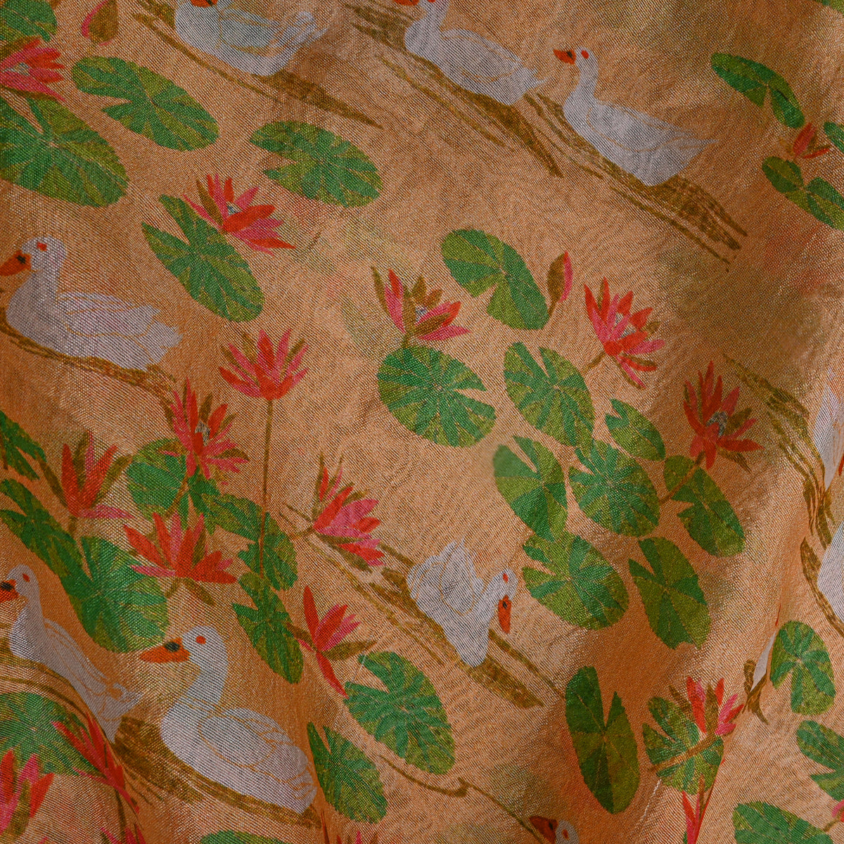 Light Besige Duck Pond Lotus Print Silk Fabric