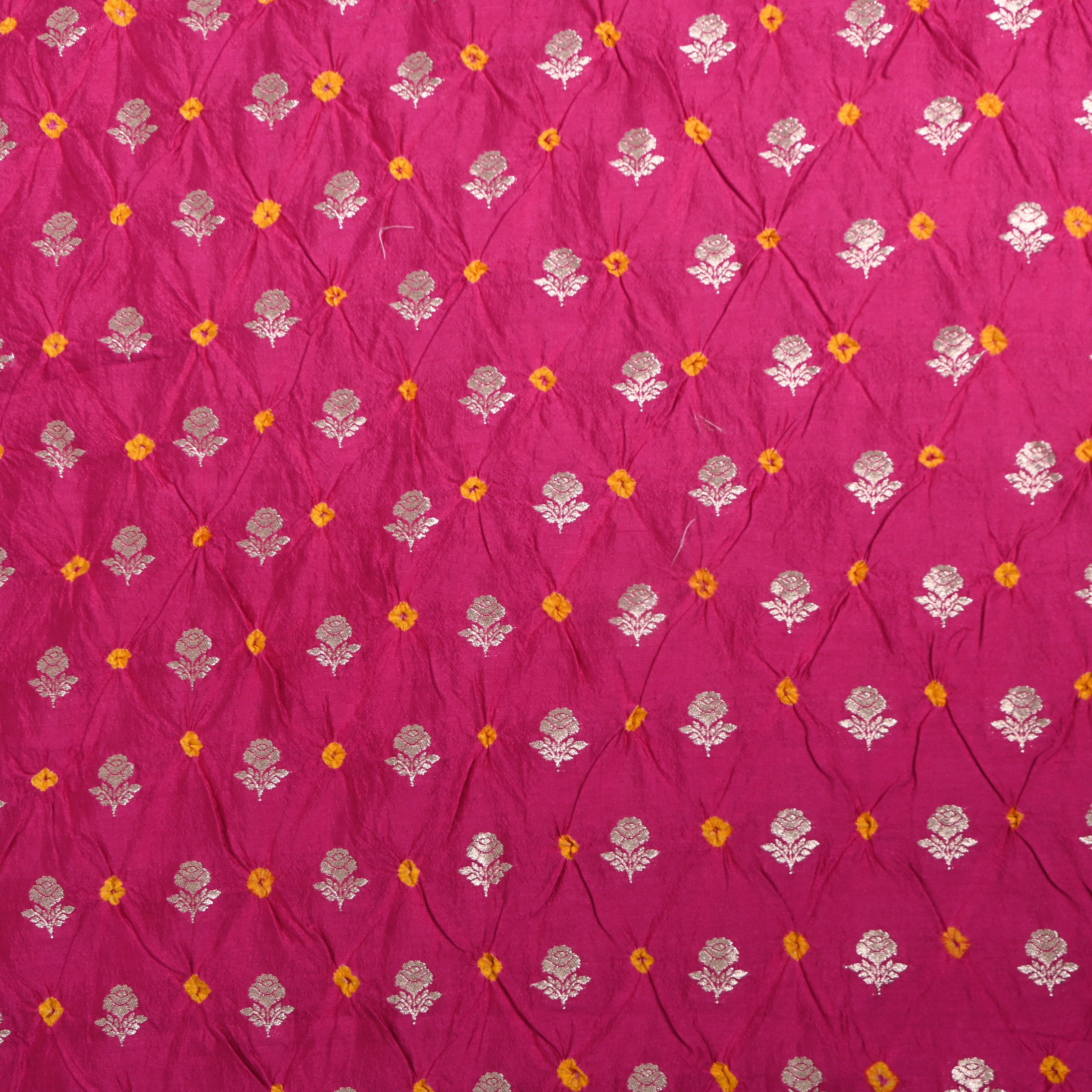 Fuchsia Pink Silver Rose Butti Bandhani Silk Fabric