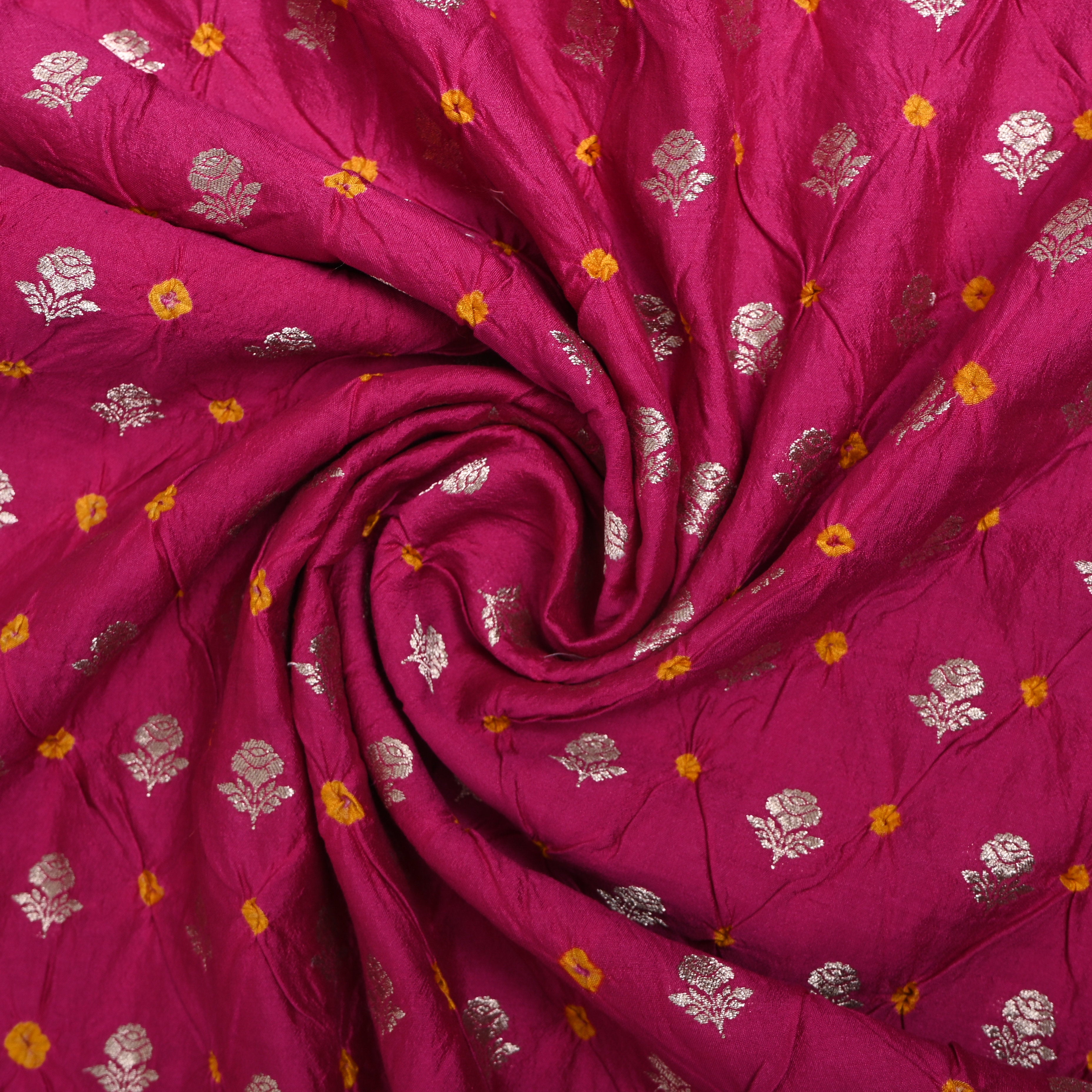 Fuchsia Pink Silver Rose Butti Bandhani Silk Fabric