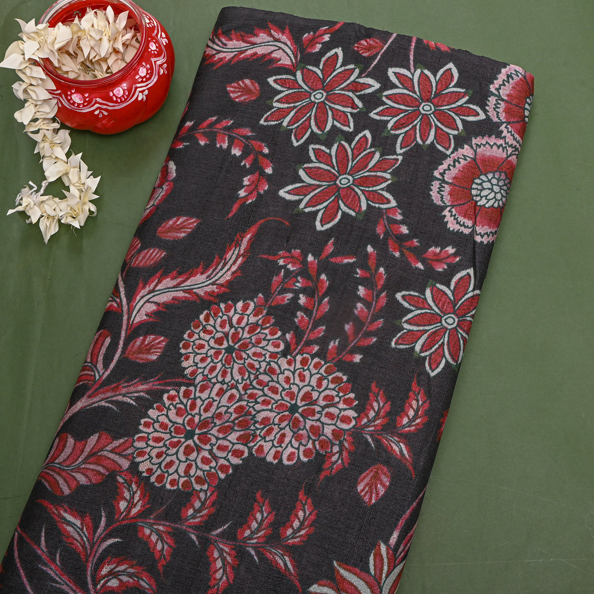 Onyx Red Floral Vine Digital Print Tussar Fabric