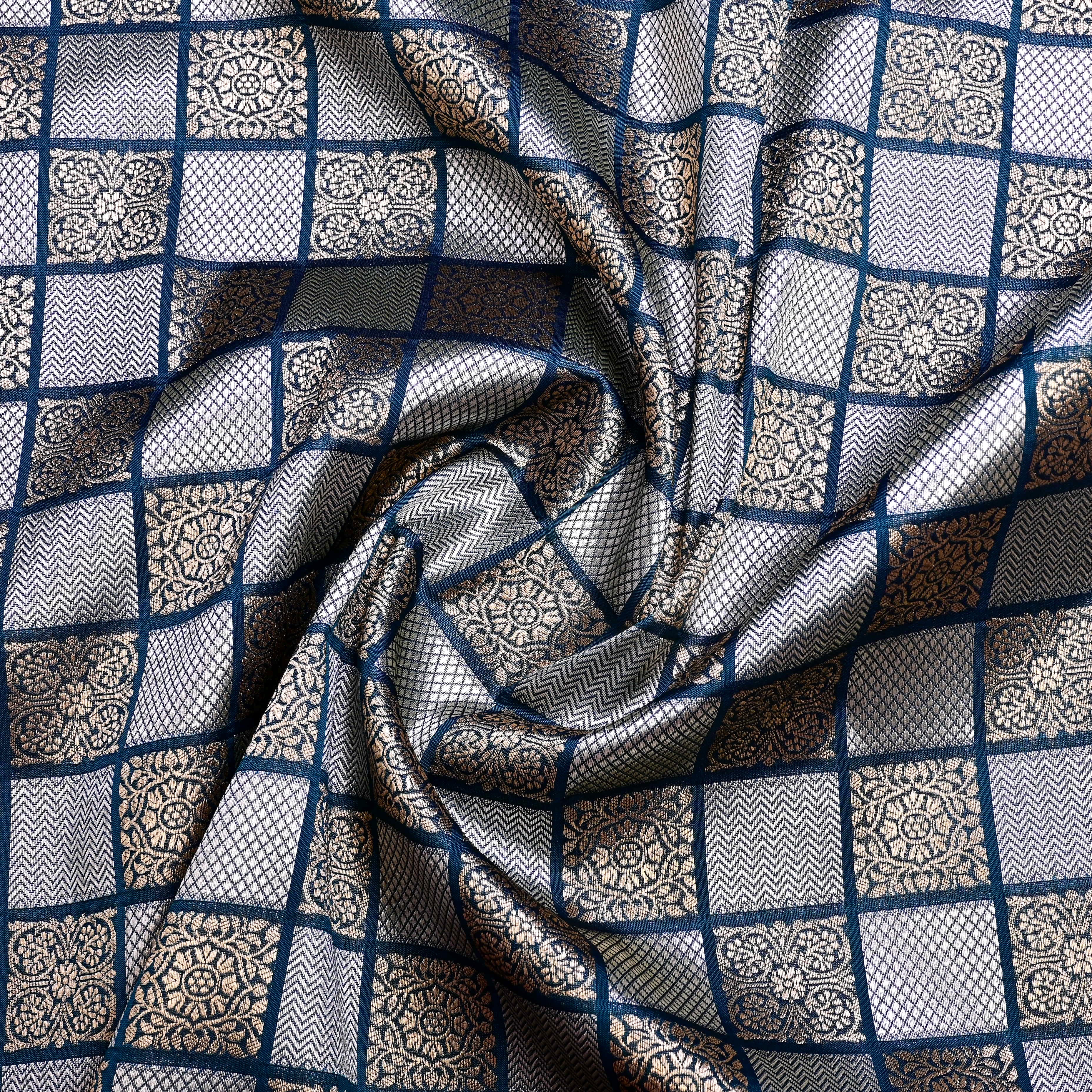St Patrick'S Blue Banarasi Fabric With Checked Pattern