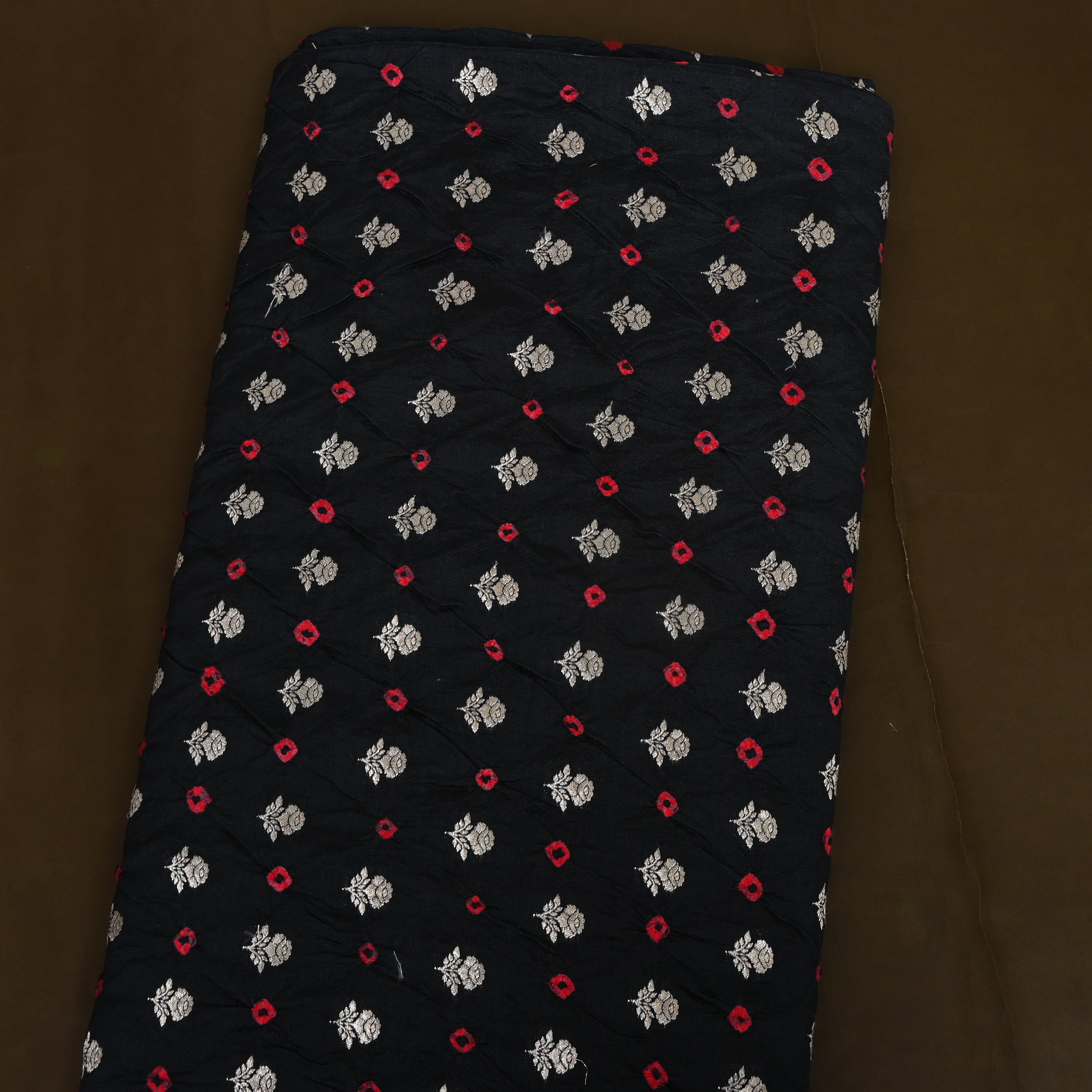 Jet Black Silver Rose Butti Bandhani Silk Fabric