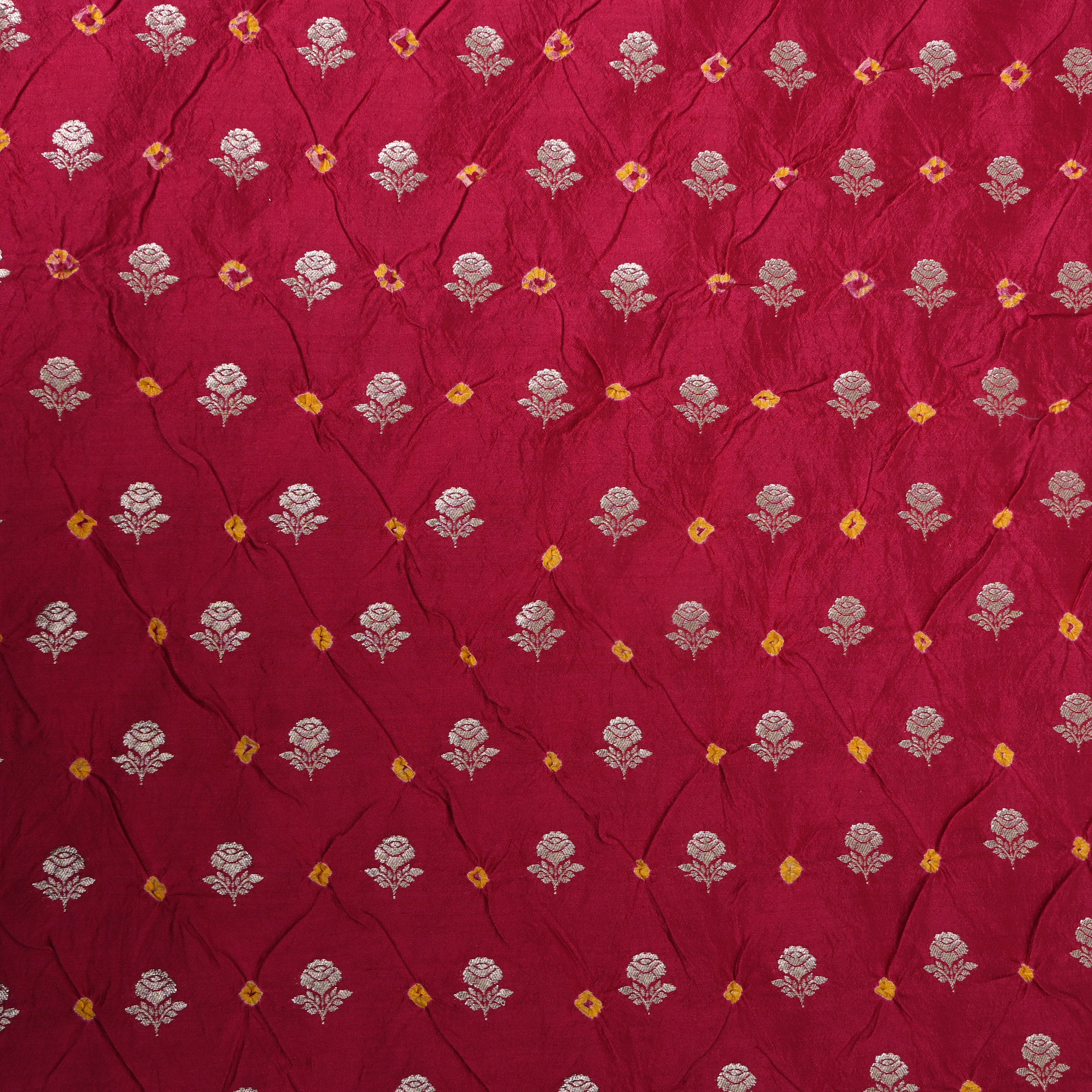 Deep Maroon Silver Rose Butti Bandhani Silk Fabric