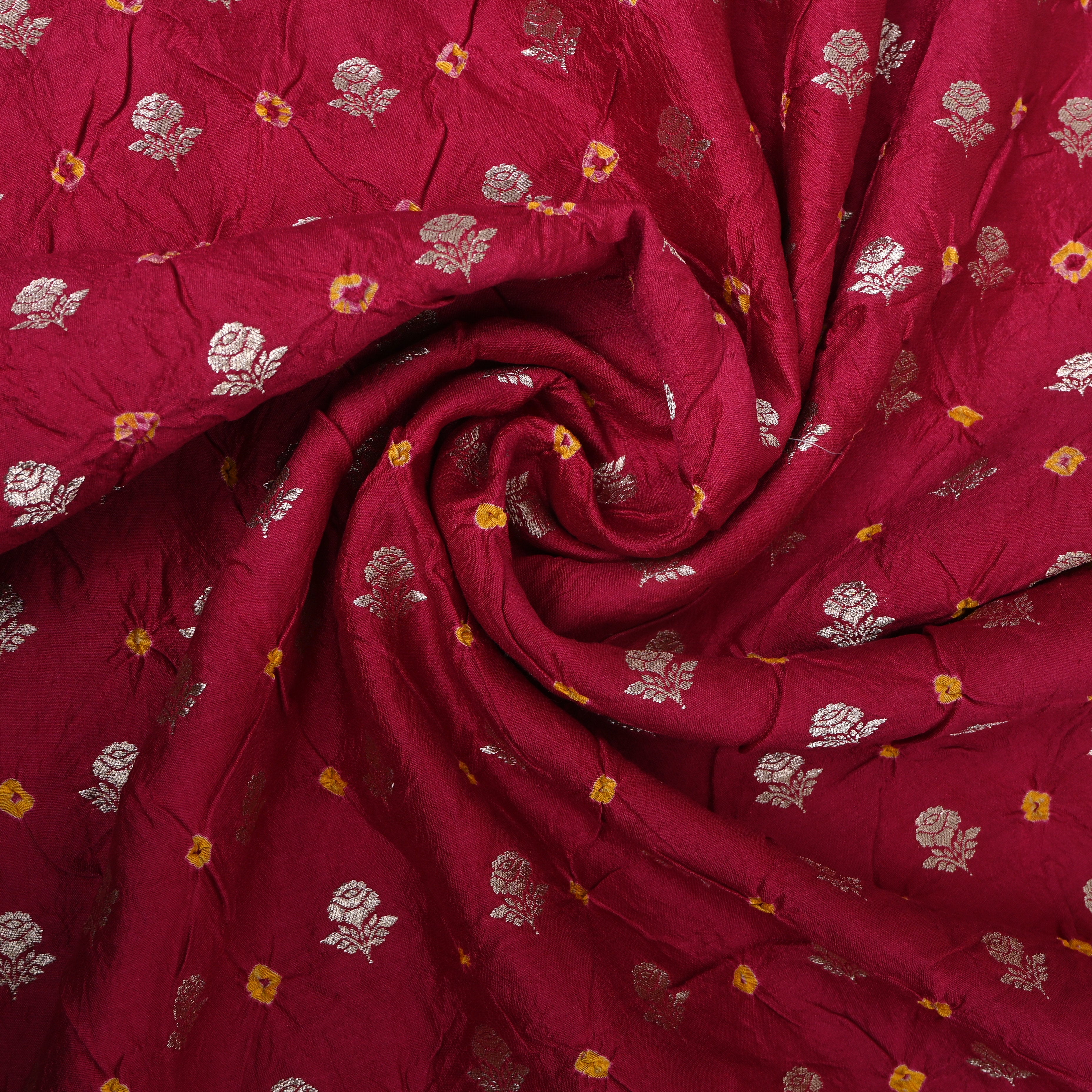 Deep Maroon Silver Rose Butti Bandhani Silk Fabric