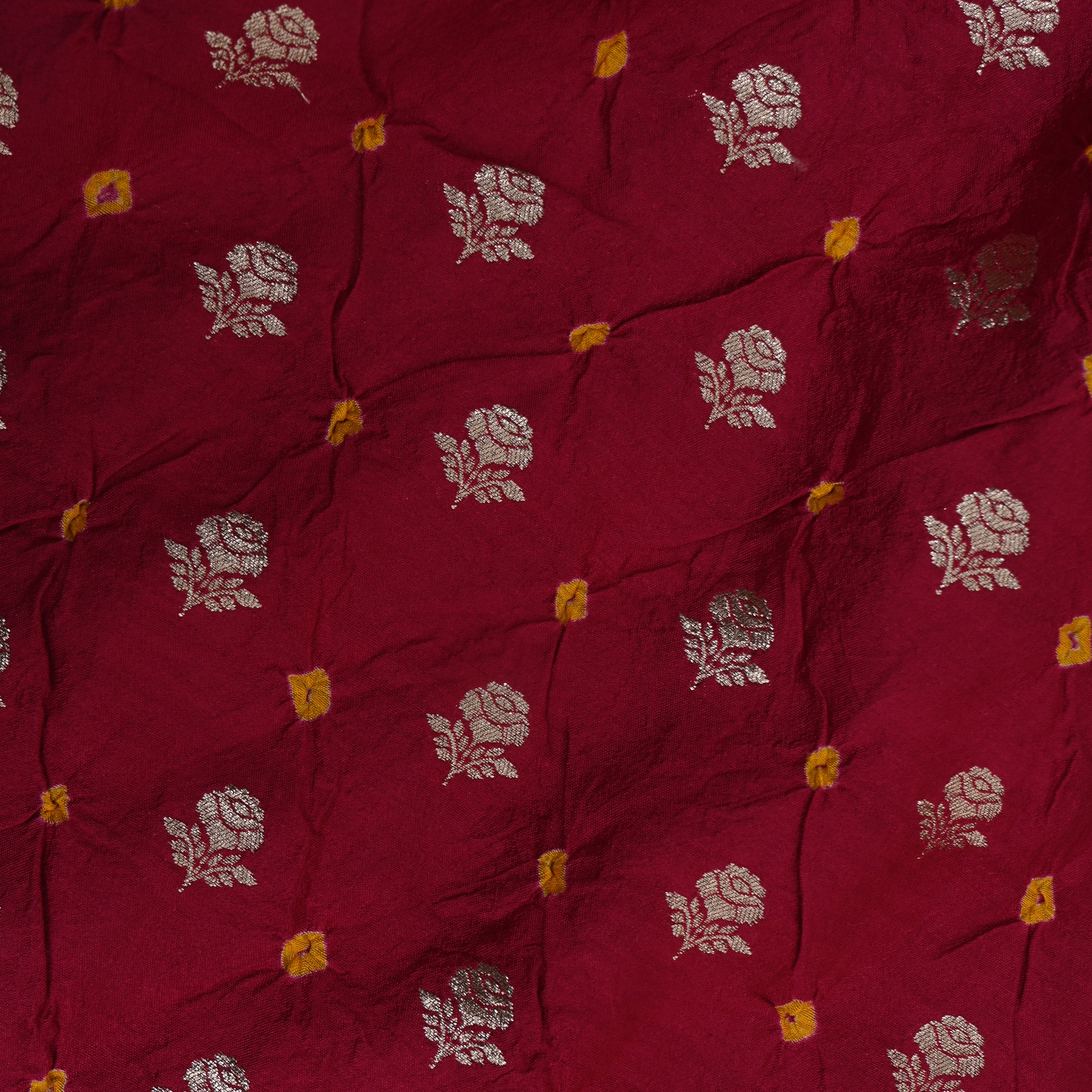 Deep Maroon Silver Rose Butti Bandhani Silk Fabric