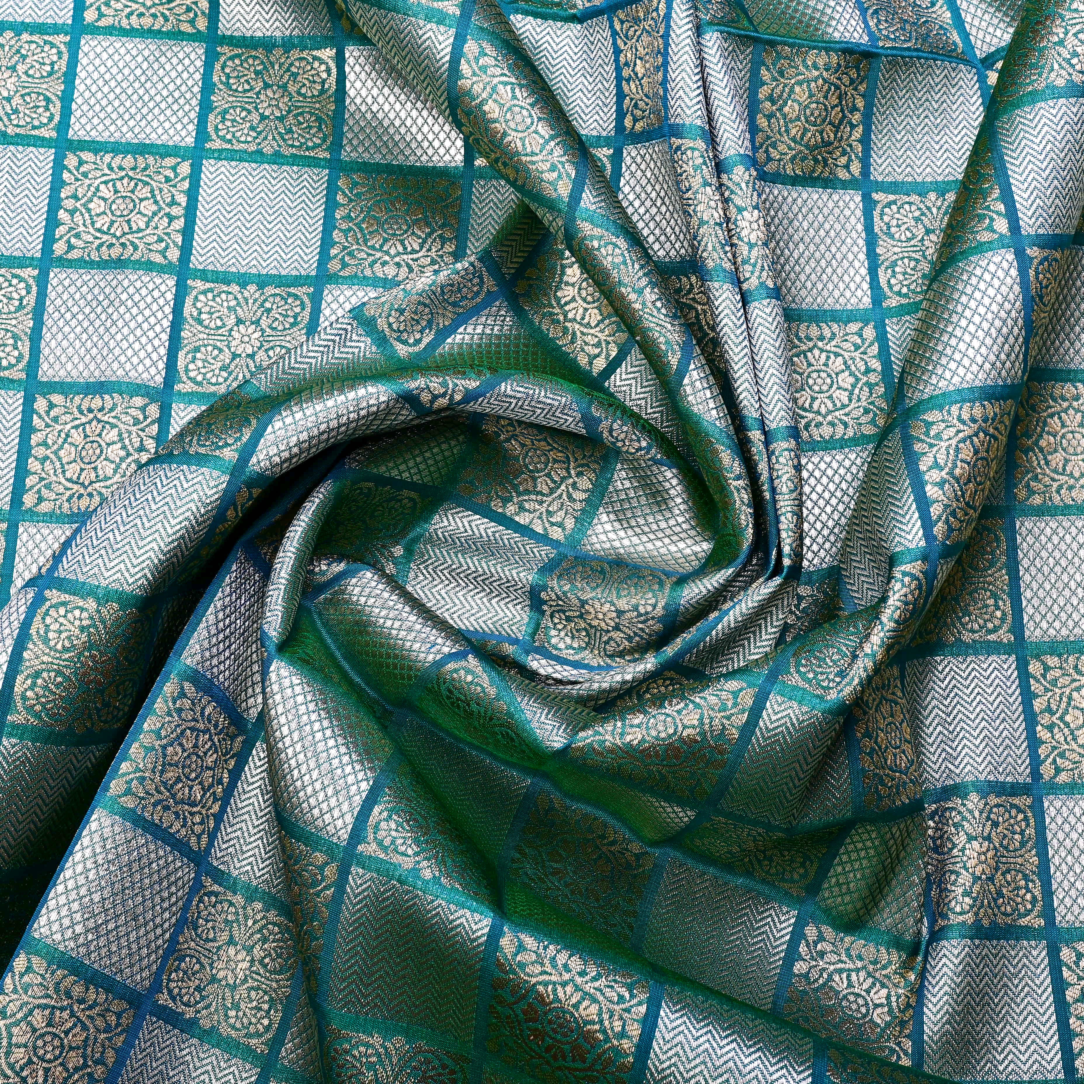Shamrock Green Banarasi Fabric With Checked Pattern