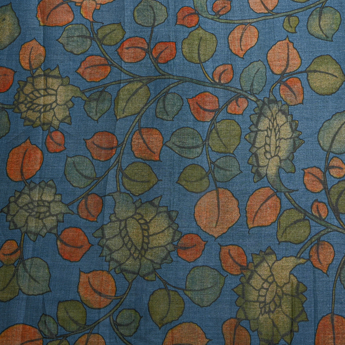 Denim Floral Leaf Digital Print Tussar Fabric