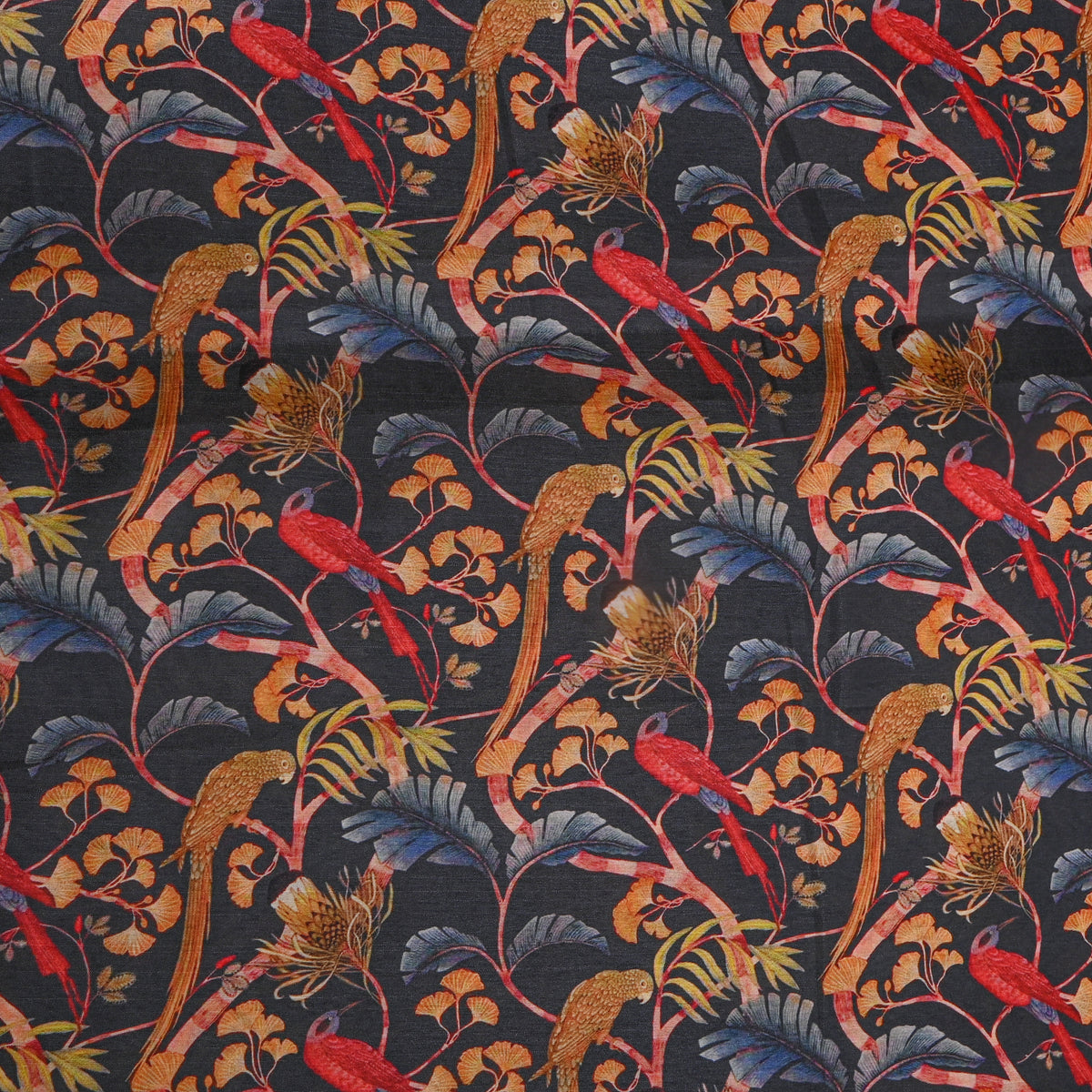 Charcoal Parrot Ginkgo Floral Print Tusser Fabric